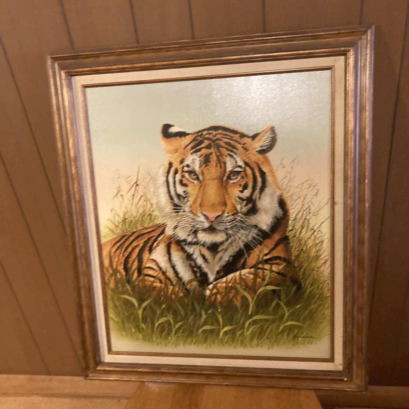Lg. Vintage 1970s 80s Tiger Paint Framed Art Signed By Cassandra