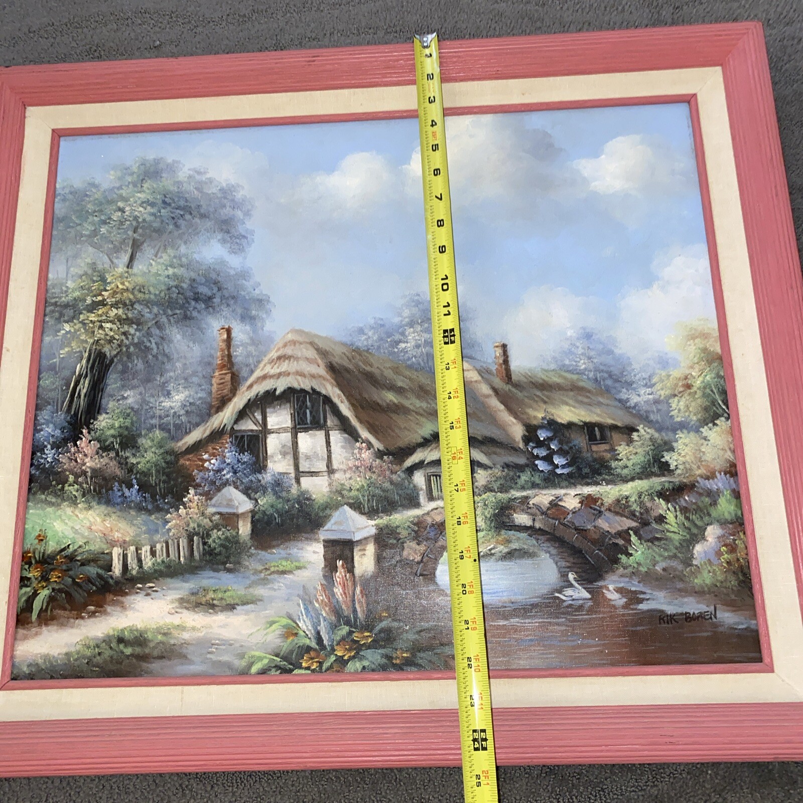 Vntg Oil Painting Cottage Scene by Rik Boren Signed Canvas Framed 29” X 25” Rare