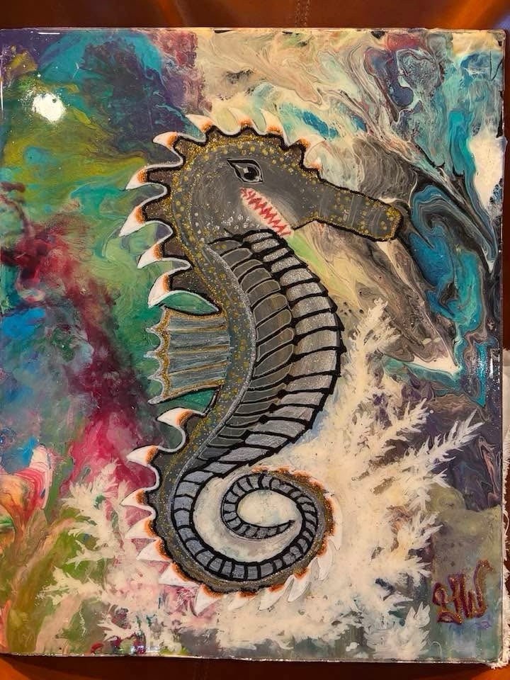 BWC Abstract Seahorse Acrylic Painting Contemporary Art Canvas Signed