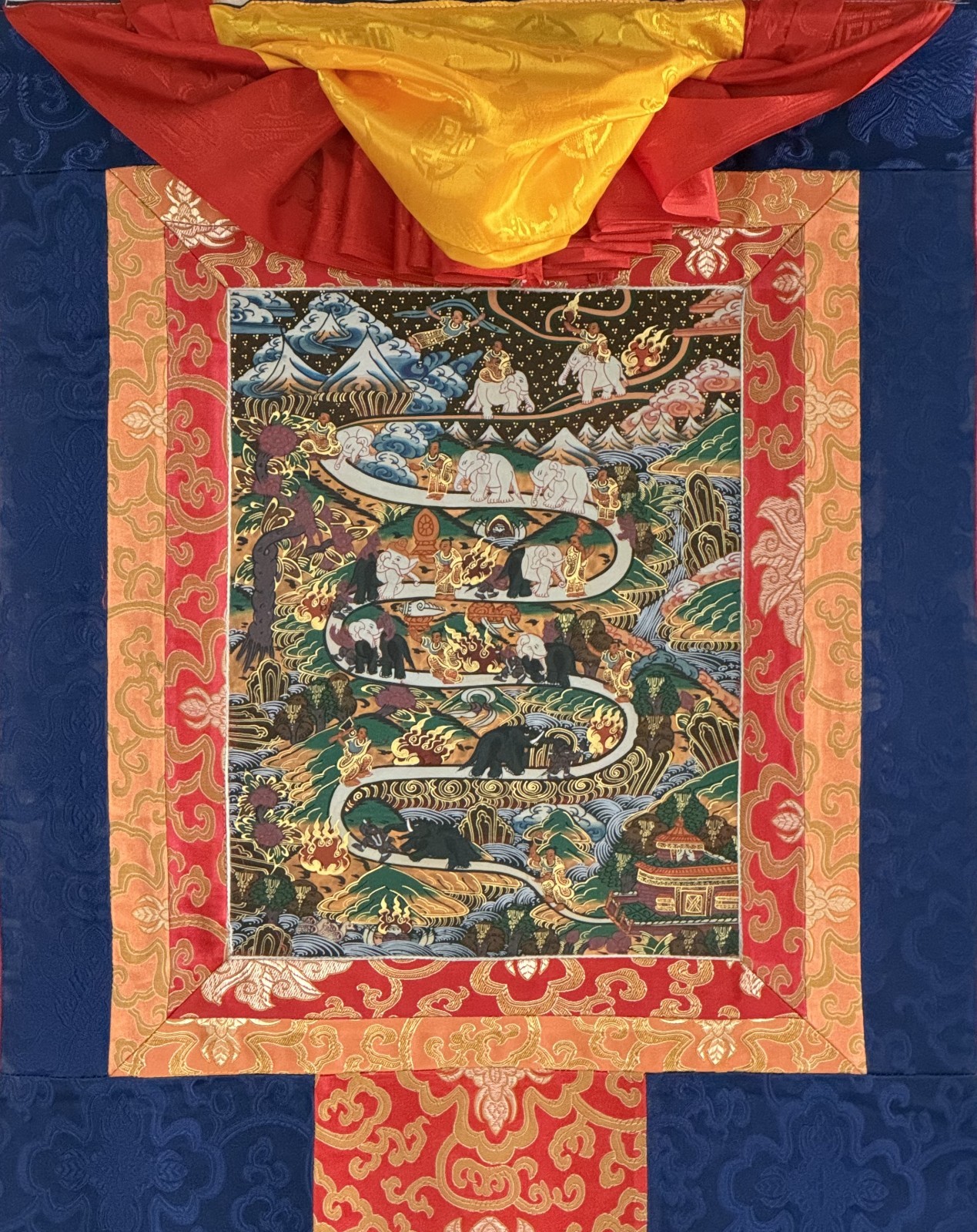 ELEPHANT PATH SAMATHA MEDITATION ORIGINAL TIBETAN THANGKA PAINTING SILK FRAMED