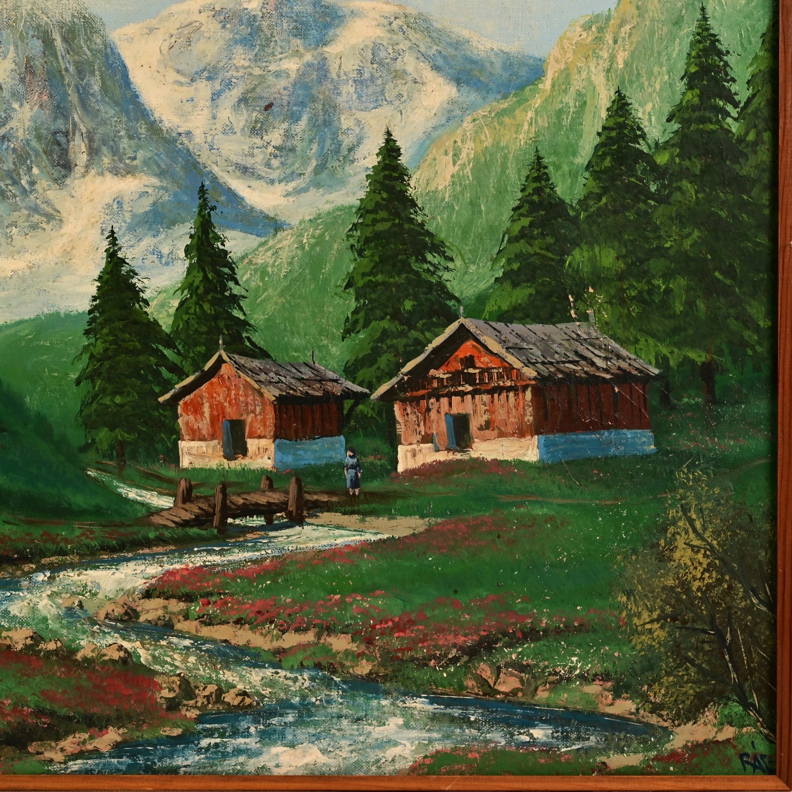 FAIG Original Vintage Signed Figurative Mountain Lake Landscape Oil Painting