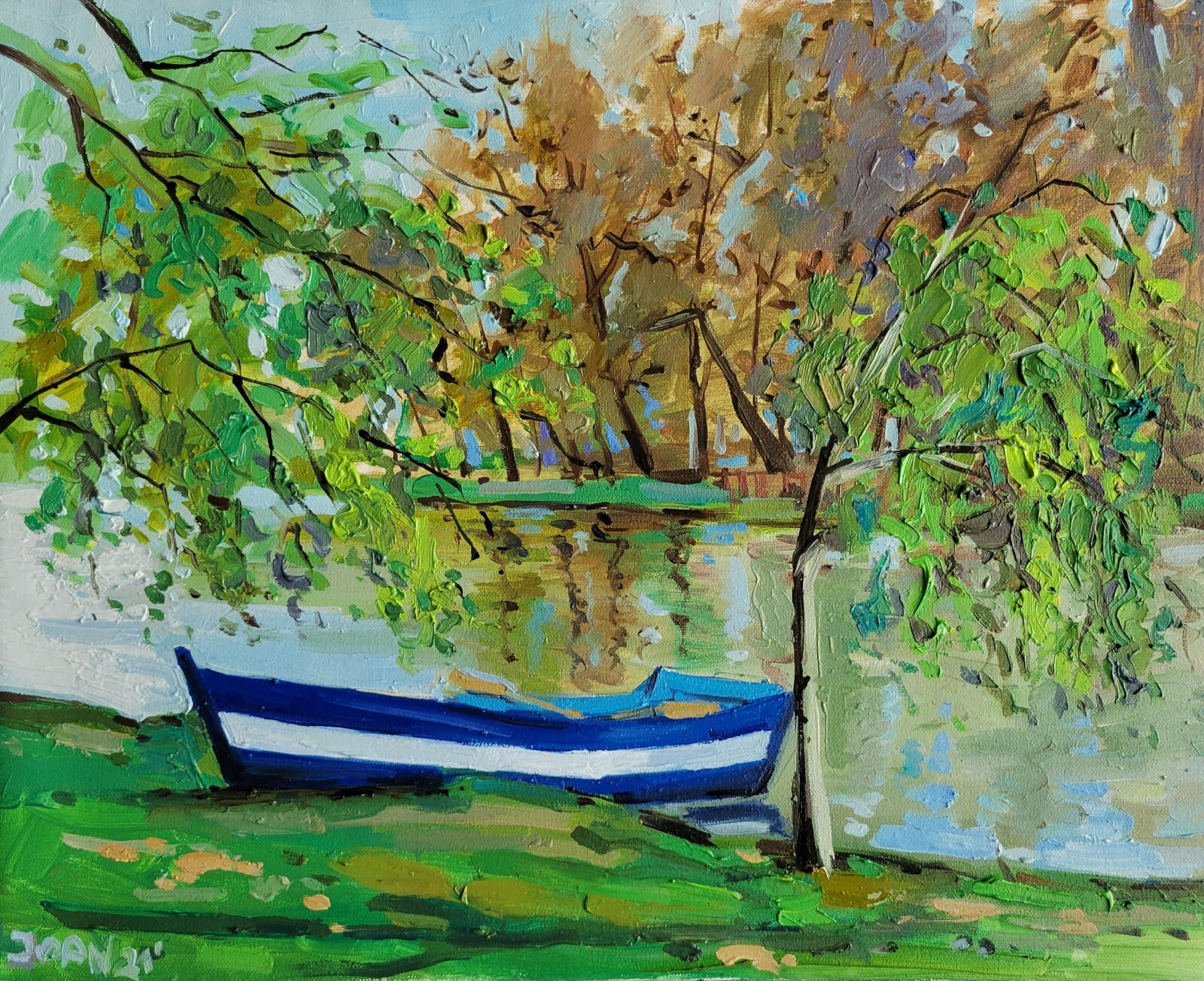 Landscape oil painting on canvas, Spring green in Drilon, 40x50cm, Signed