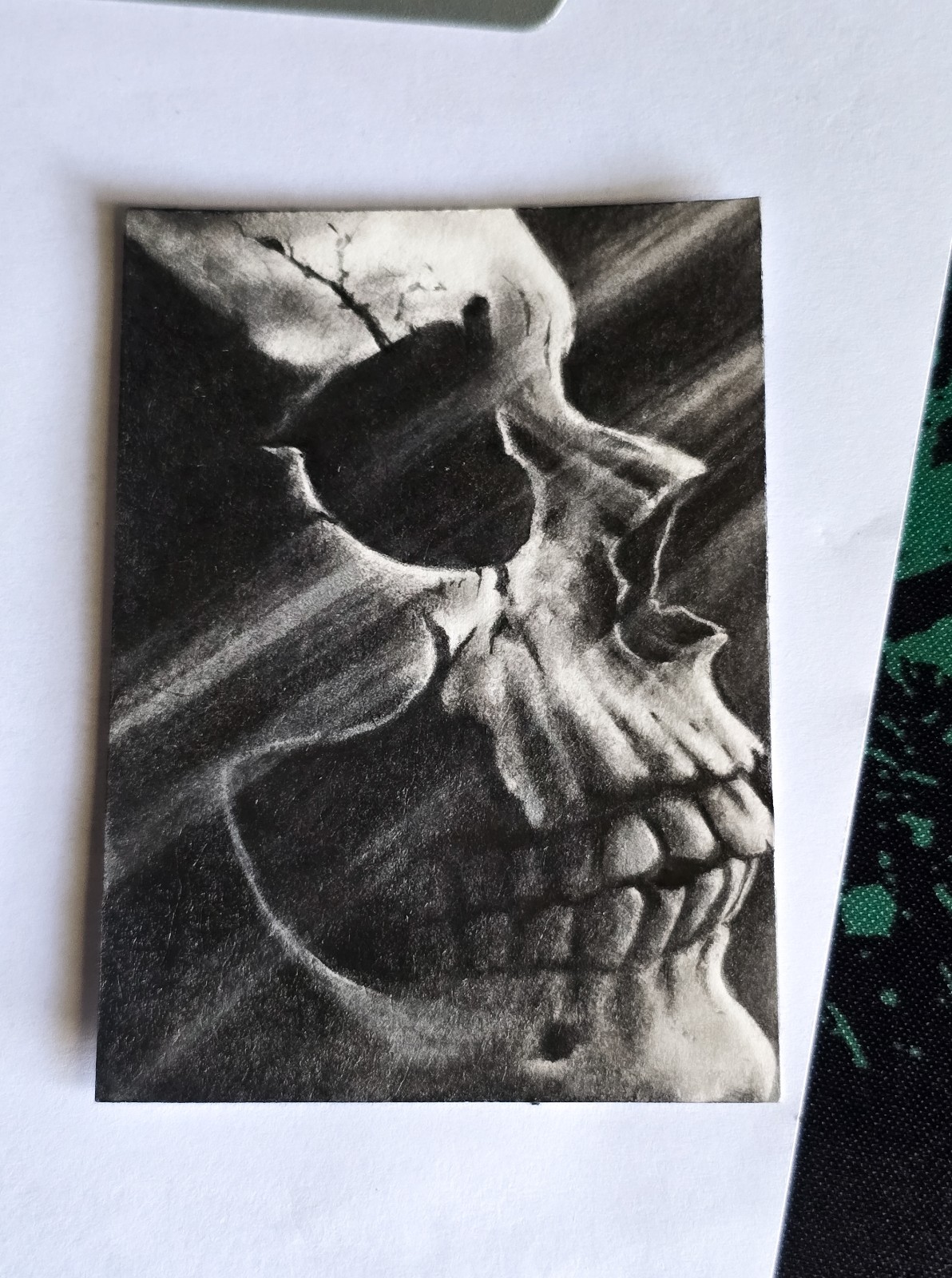 🧿Original ACEO Skull💀 Charcoal Pencil Drawing Miniature Art OOAK Signed Horror
