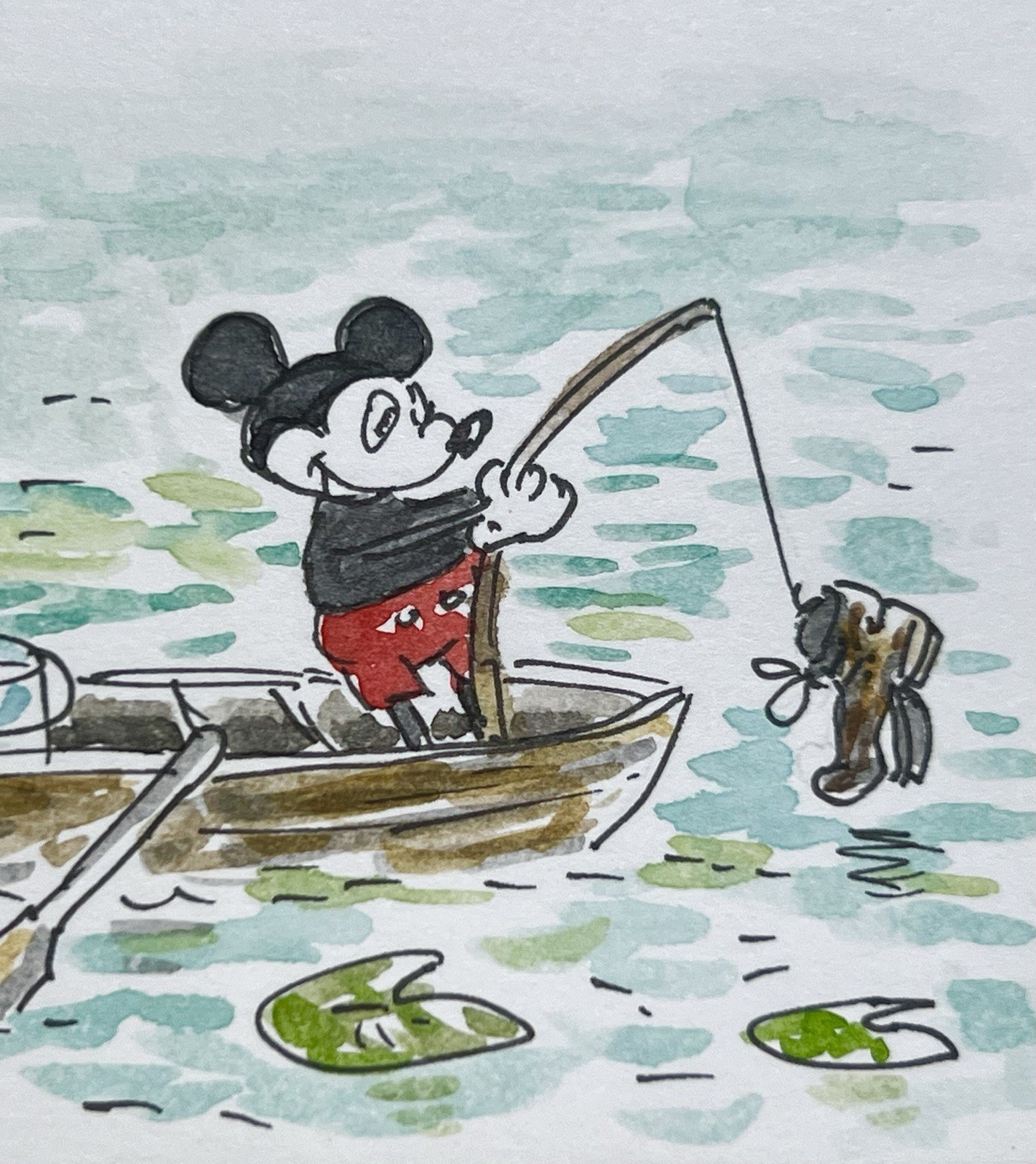 Original ACEO Vintage Mickey Mouse Fishing Mixed Media Monika Chovan OOAK