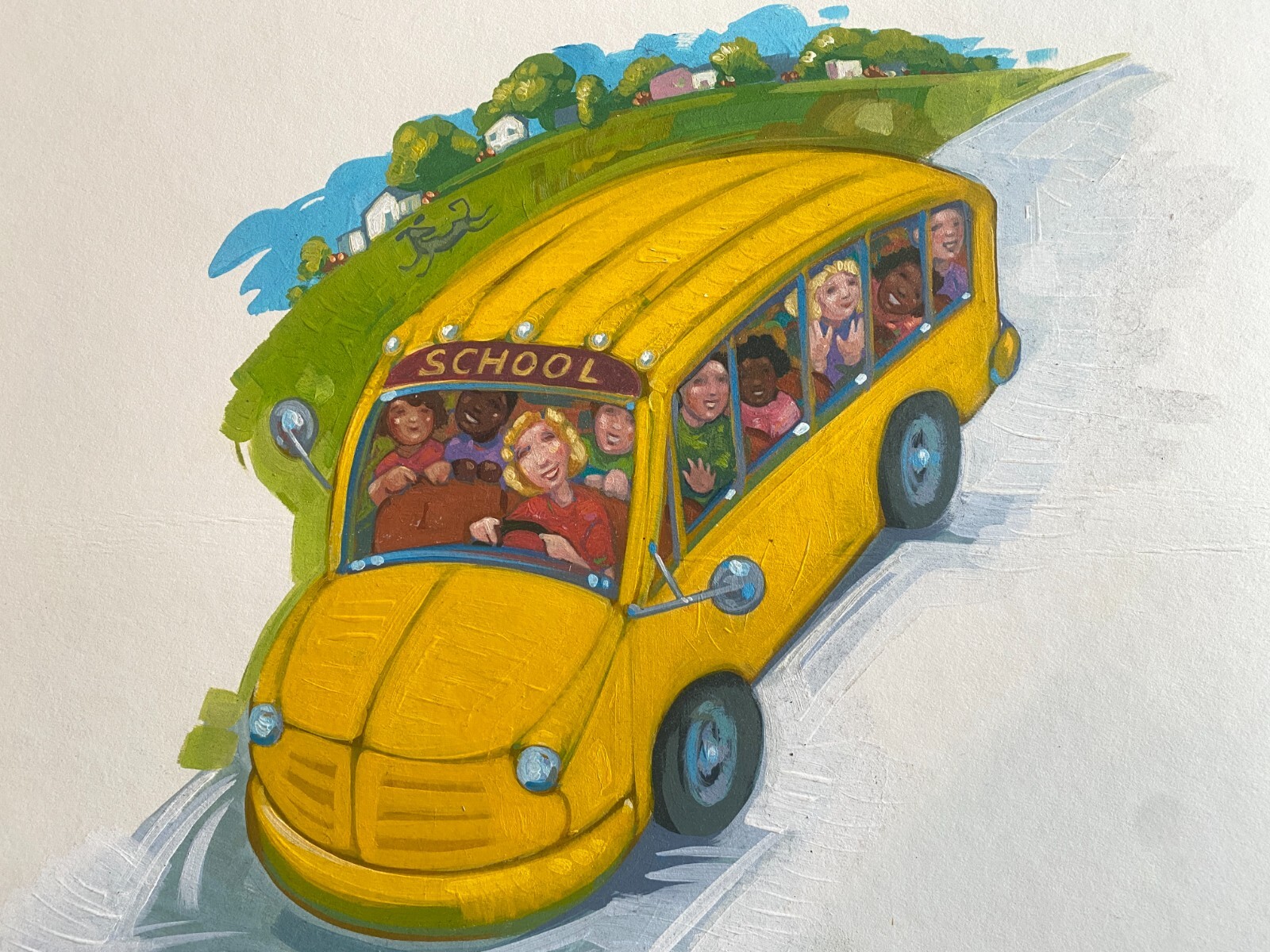 Original Painting of Whimsical School Bus with Driver and Children