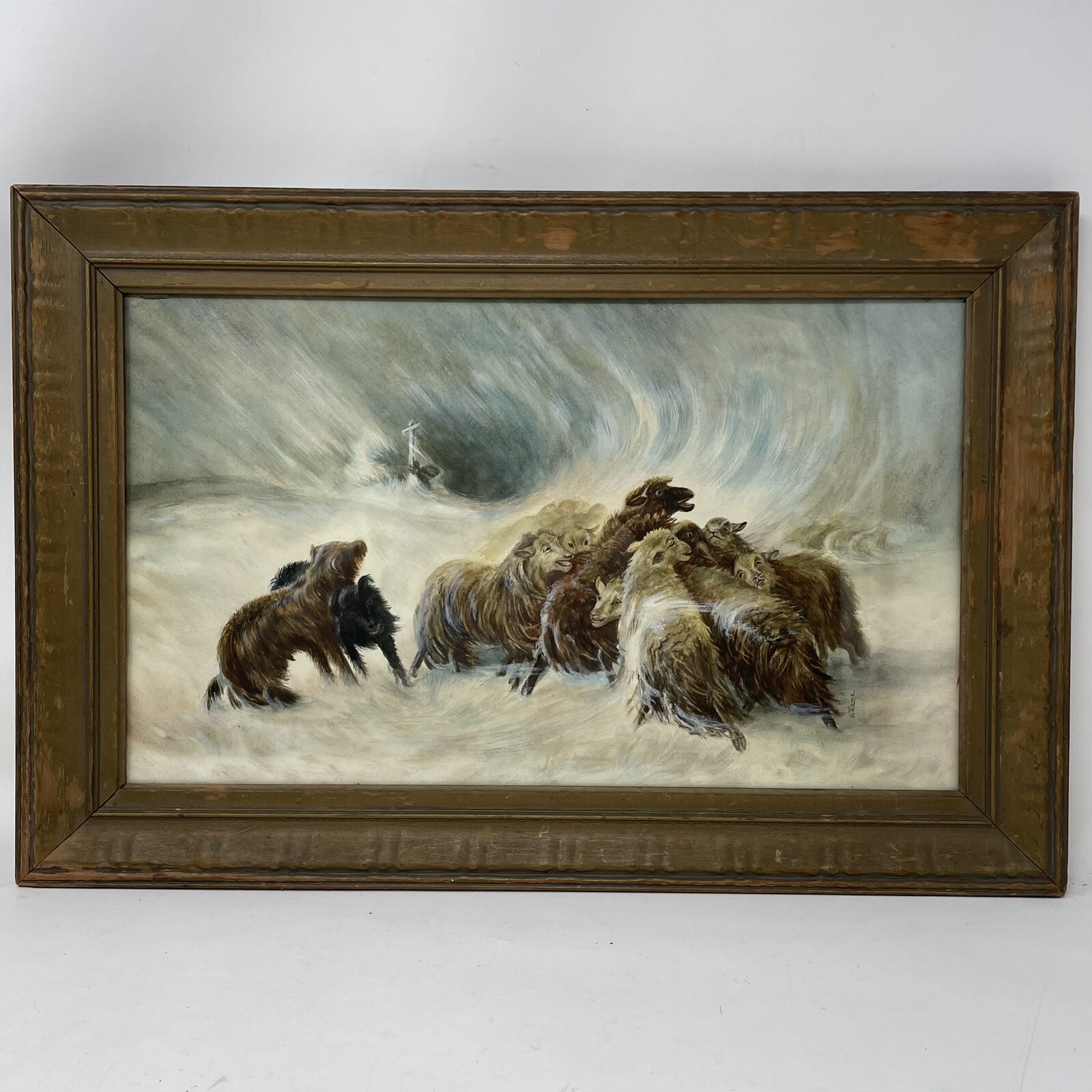 Antique Flock of Sheep Winter Snow Storm Watercolor Painting 1916 Dog Herder
