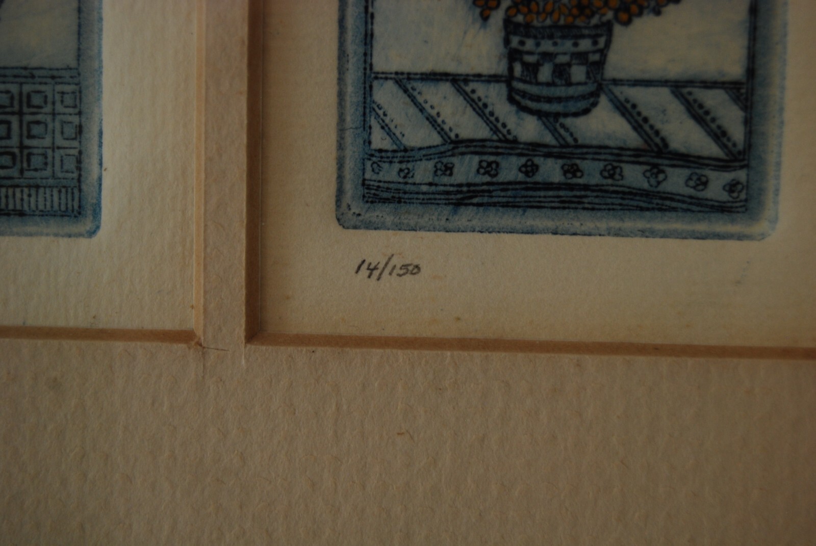 VTG FRAMED 3 MINIATURE SIGNED SARAH RISHEL COLORED ETCHING POTTED FLOWER PLANTS