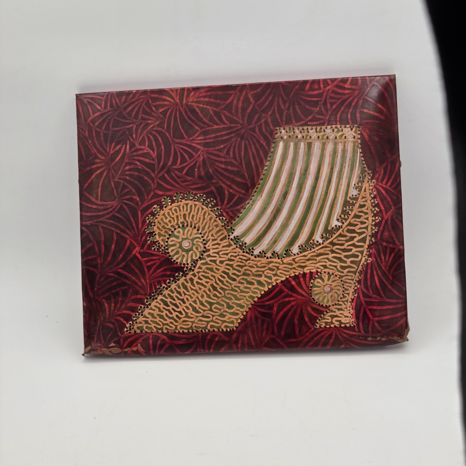 Red Gold Green White Shoe Painting On Copper Signed Linda