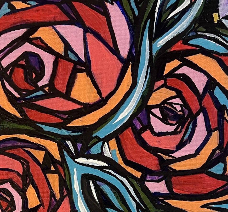 Original 8×10” Abstract Cubist Multicolor Rose Floral Acrylic Canvas Panel VLP