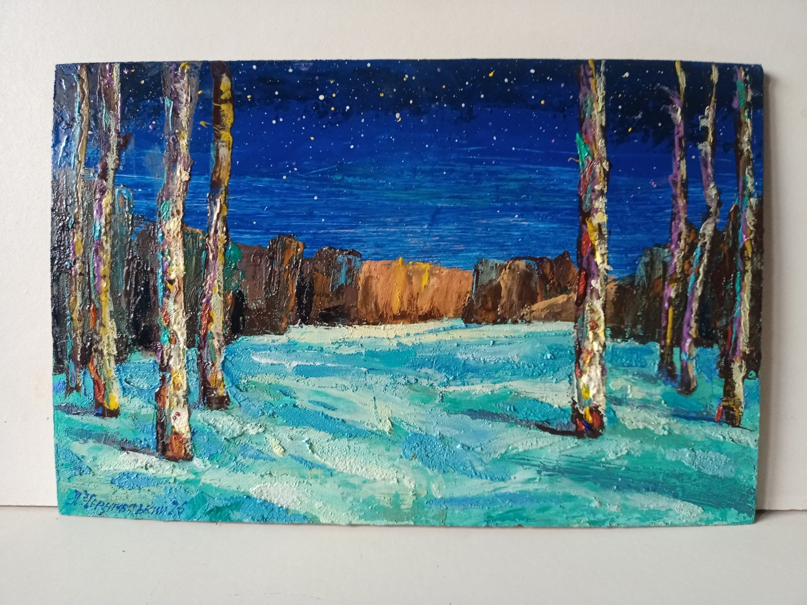 Night Winter Impasto Painting Original Art Impression Oil Painting 7.8 x 12.2 in