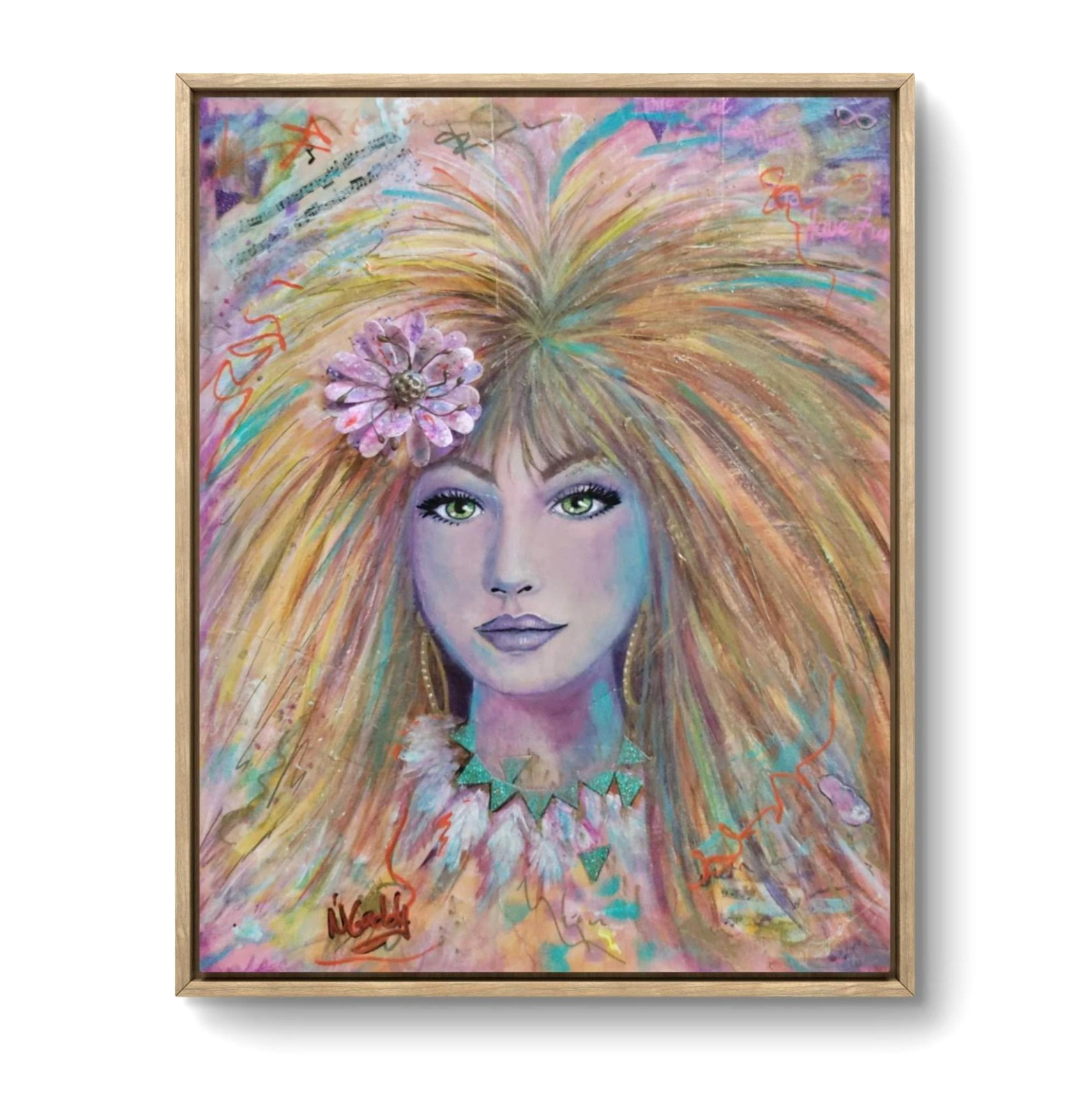 Original 14 x 11 Fun Party Girl Mixed Media Canvas Board Painting