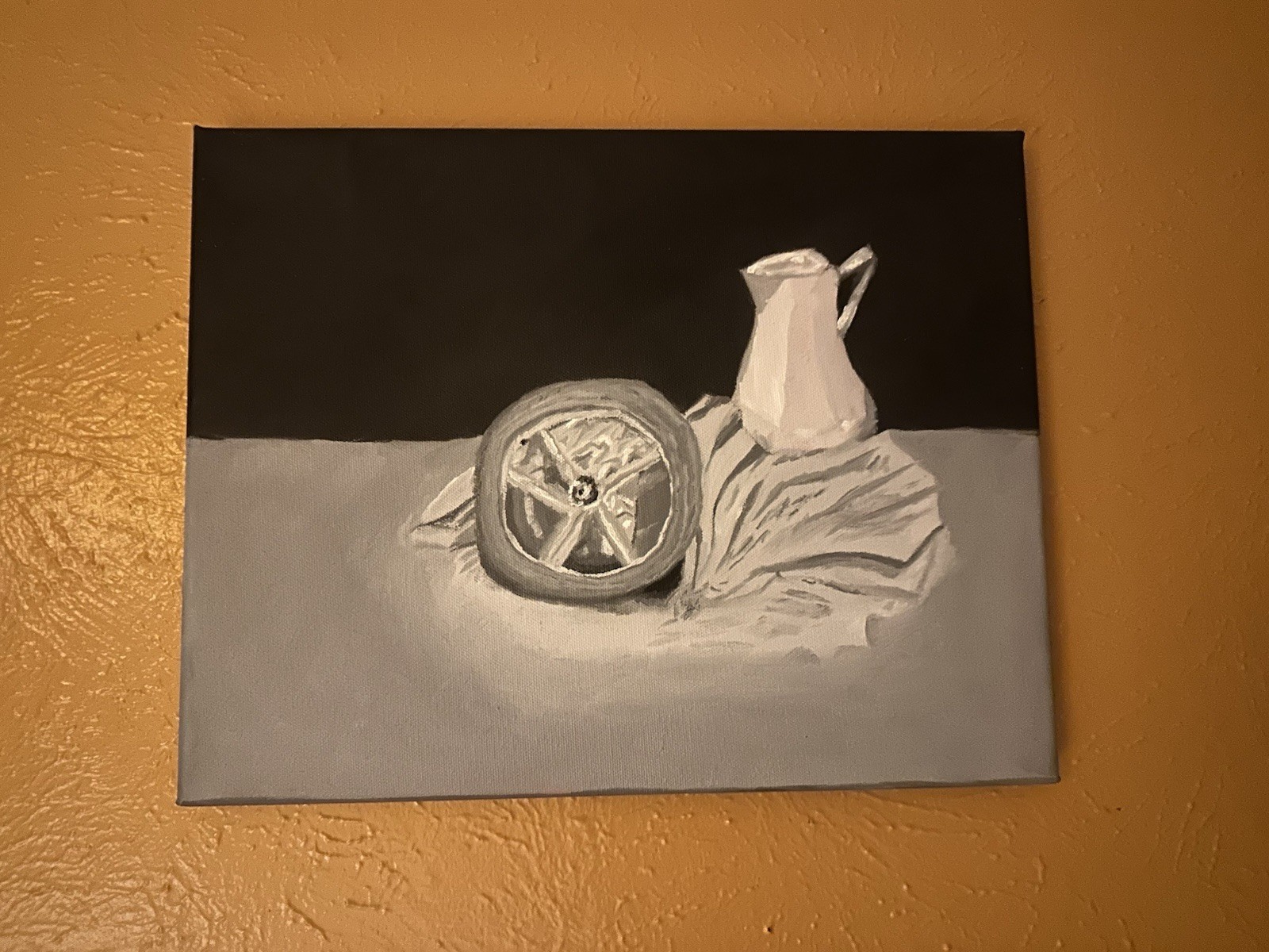 Monochrome Realism Still Life Canvas Painting (Wheel & Pitcher) Unframed