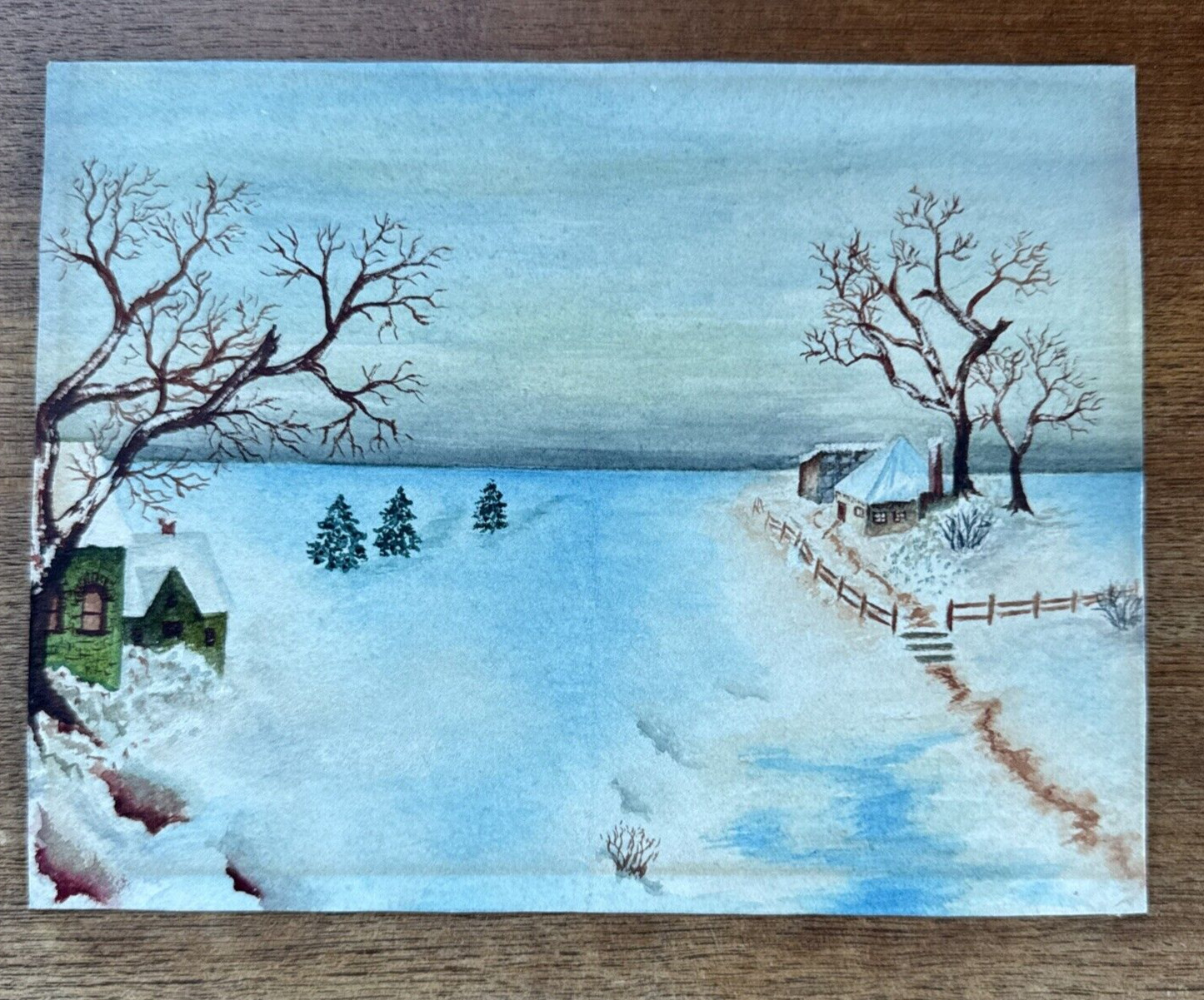 1903 Martha B Etchison Painting Winter Landscape Snowy Trees Green House Cottage