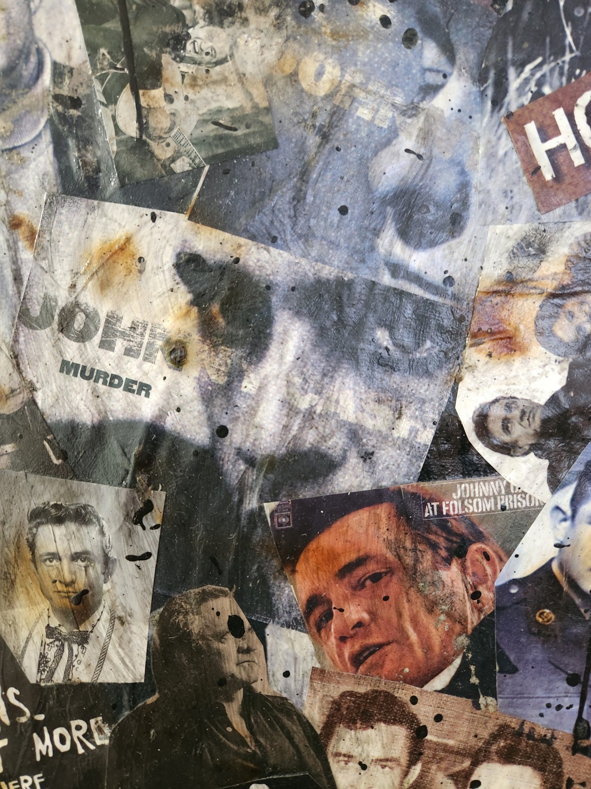 Large Johnny Cash Acrylic Canvas Collage Art. Heavily Textured & Burned! 16X20