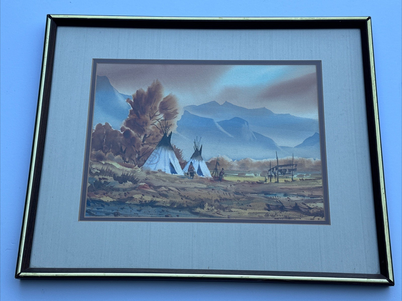 NATIVE AMERICAN INDIAN PAINTING LANDSCAPE TRIBAL TIPI CAMP VINTAGE LISTED FAMOUS