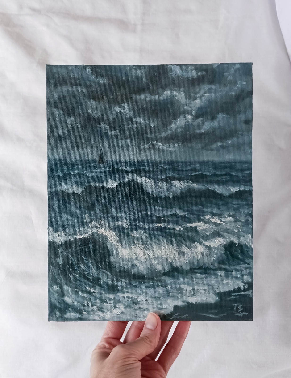 ORIGINAL Oil Painting Impressionism Moody Ocean Waves Nocturne Boat 8″x10″
