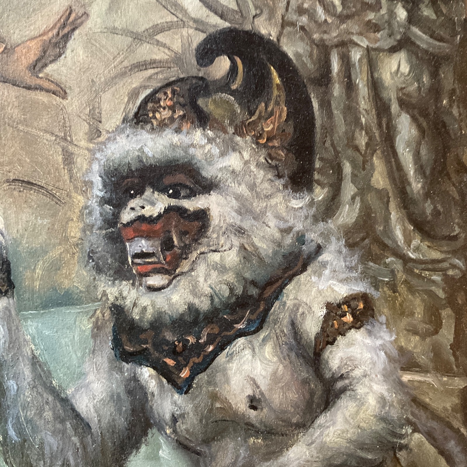 original oil painting Balinese woman portrait mythical monkey god signed vinage