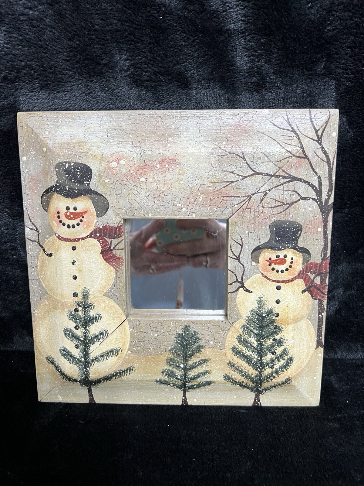 Handpainted 9.5″x 9″x 1″ SNOWMEN Mirror Neutral Colors Signed Tina S. Sears NICE