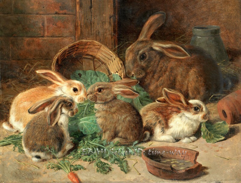 A mother Rabbit and her young Oil painting Art Giclee Printed on Canvas P2161