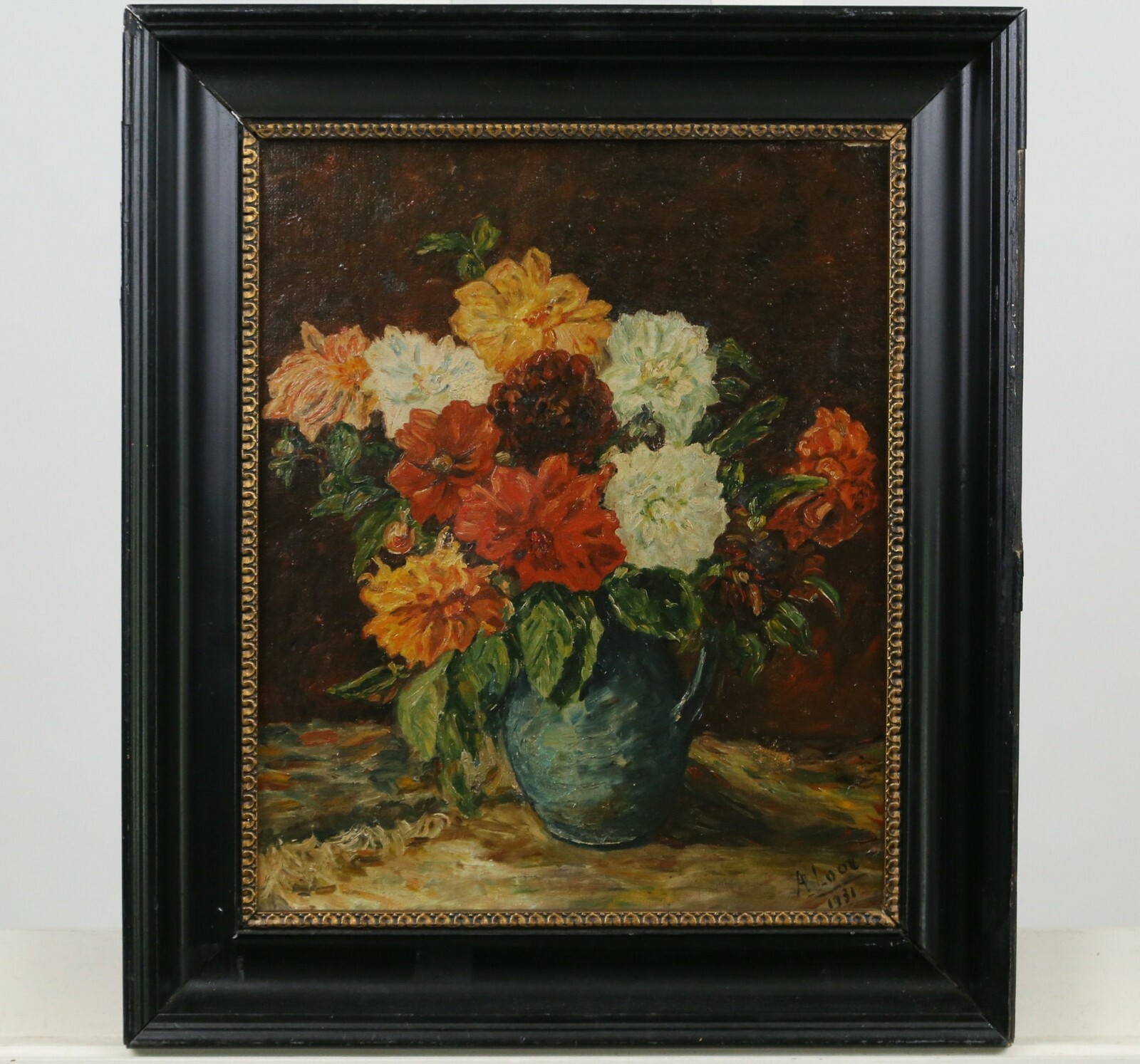 Painting Still Life Dahlia Oil Blue Jug Flower Signed A. Loos 1931