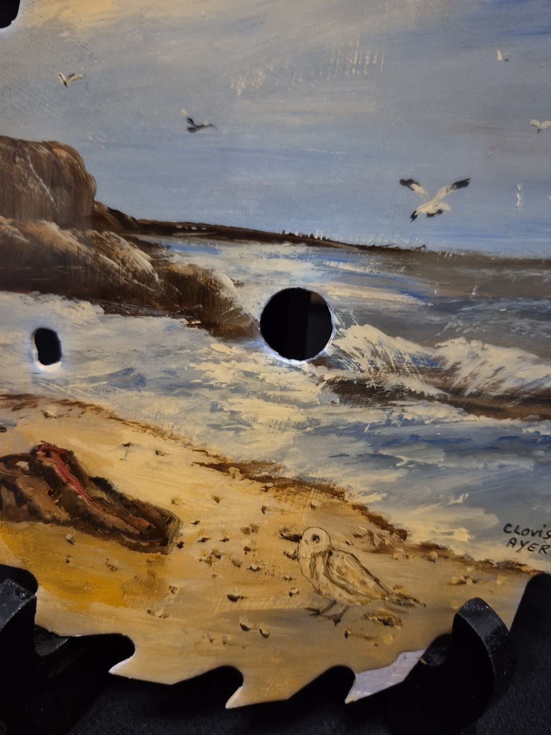 Clovis Ayers Art – Saw Blade Signed Painting Of Beach With Seaguils