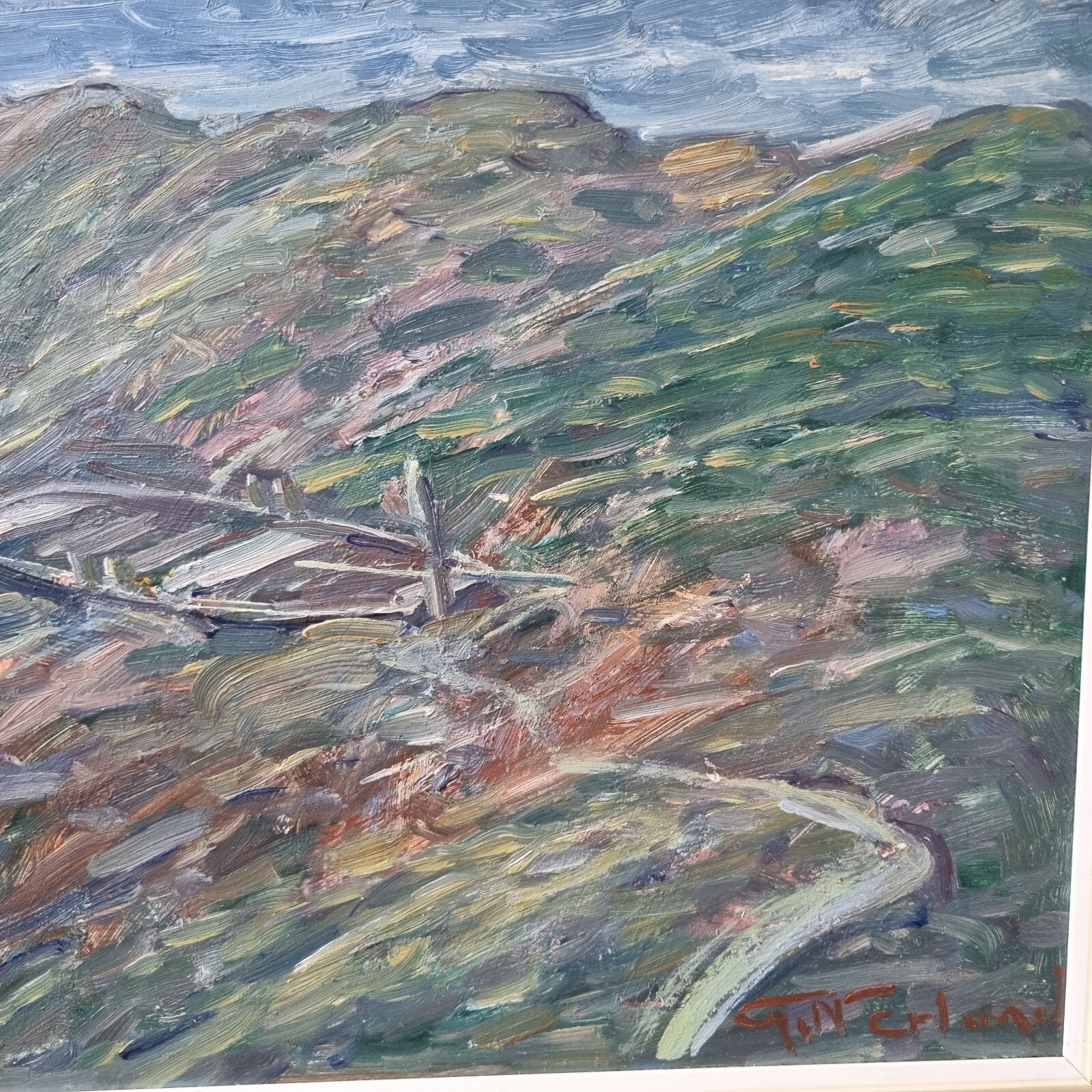Gunnar Nerlund, Boat, coastal landscape, Oil on cardboard, Vätterstranden ,60s