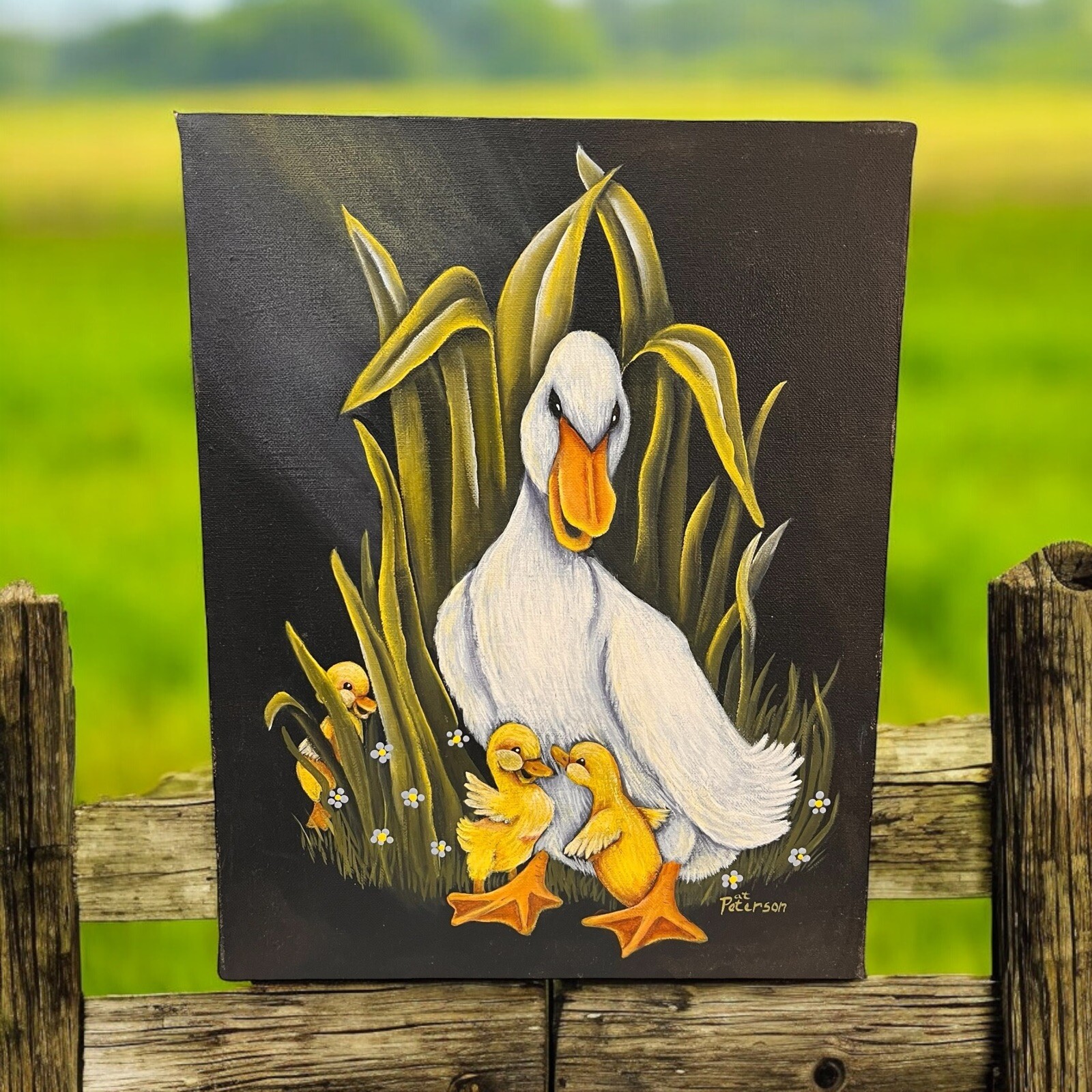 Vintage Duck and Duckling Babies Hand Painted Picture Art Animals 14″ Signed