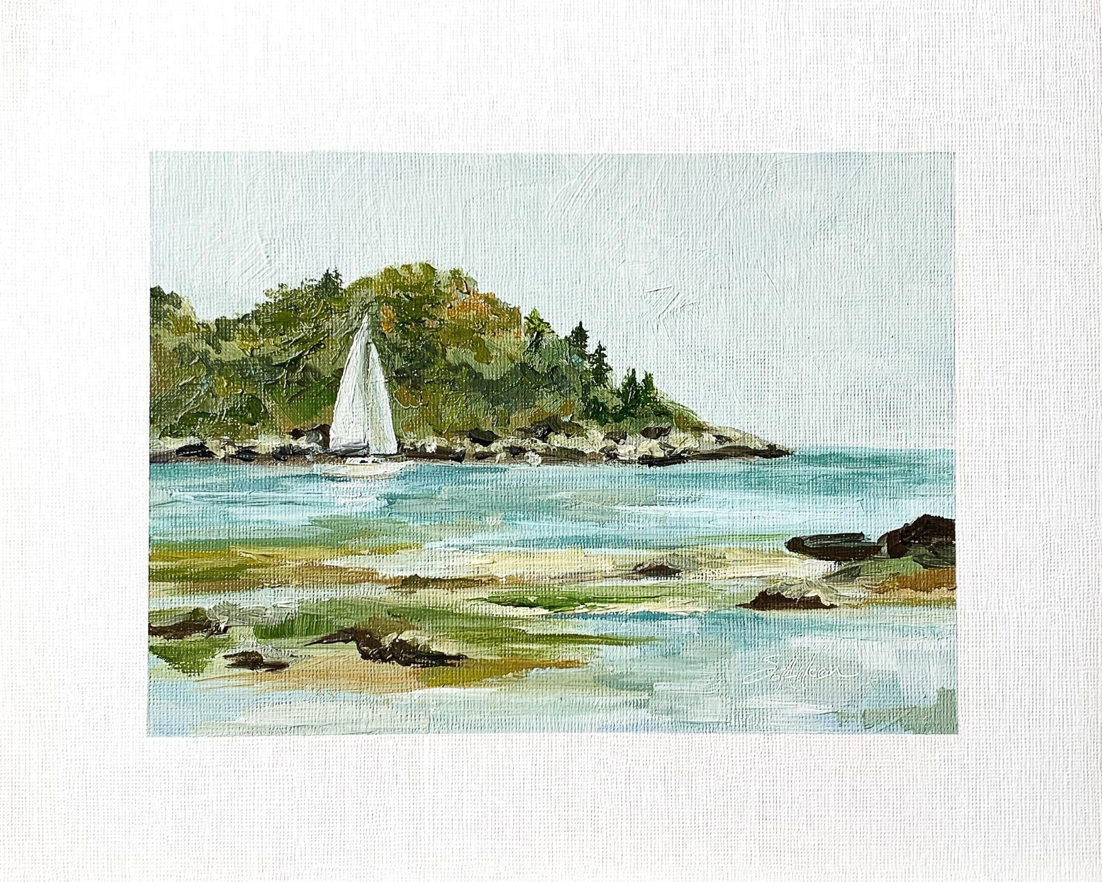 8×10 Maine Original Oil Painting Seascape New England Sailboat Coastal Signed