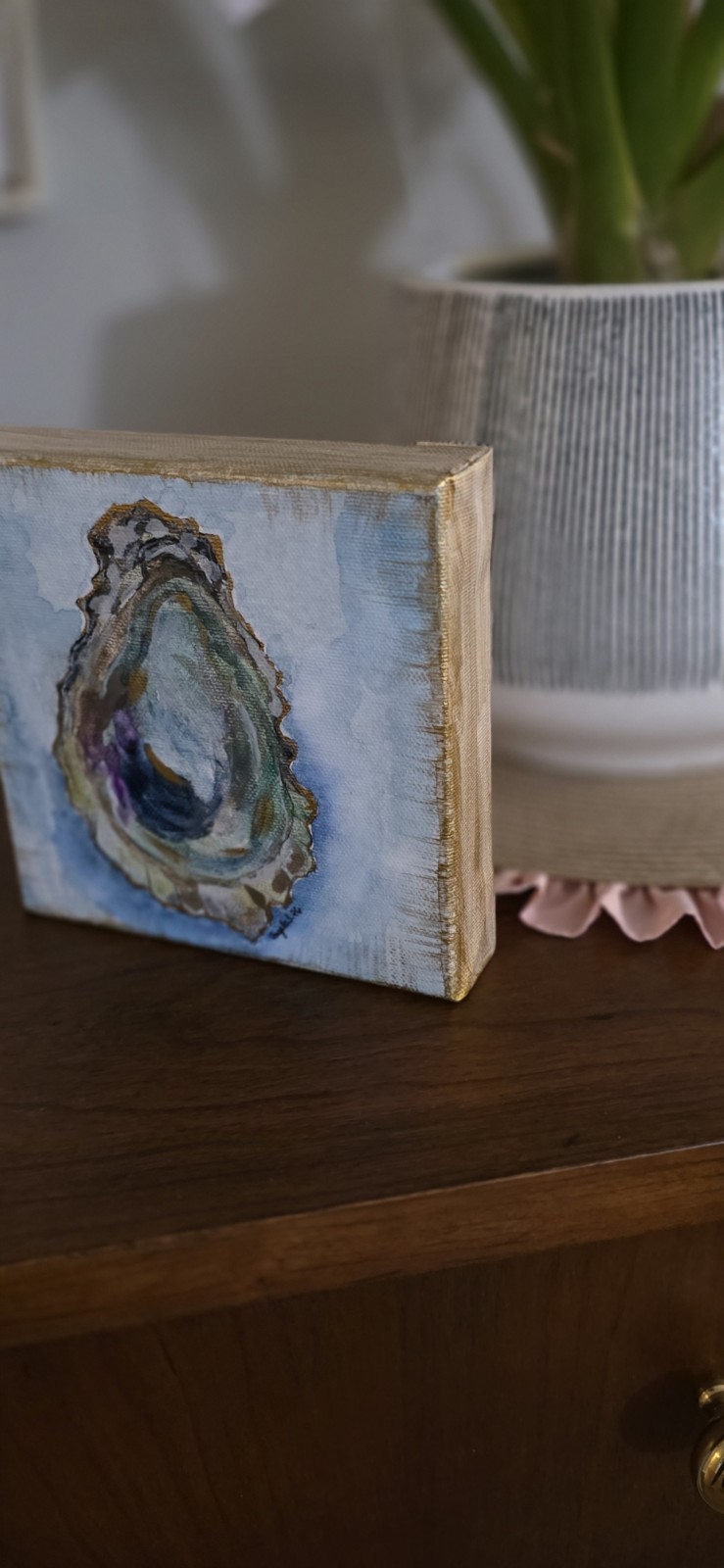 6×6 Original Oyster Shell Painting Small watercolor on Canvas