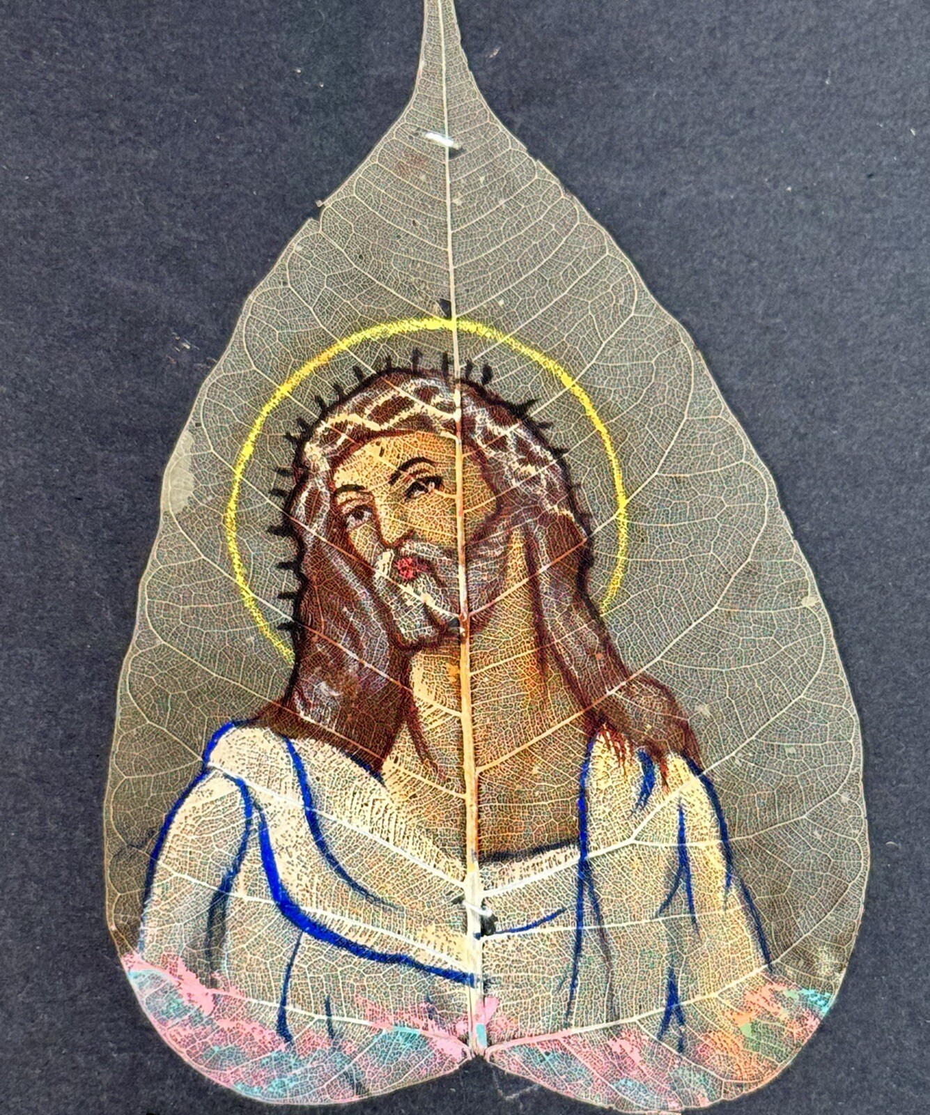 Original Oil Painting Of Jesus On A Real Skelton Pipal Tree Leaf