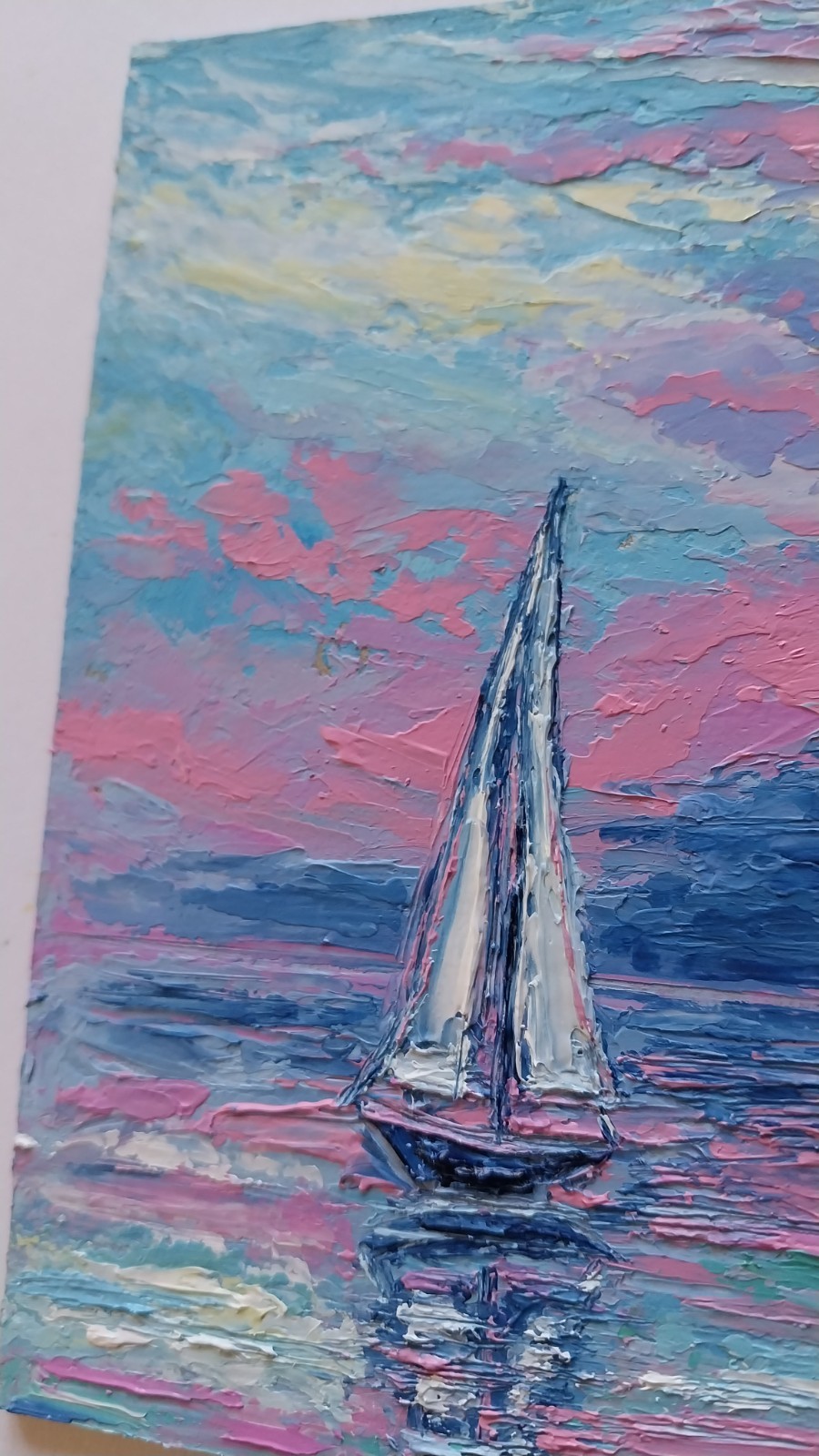 Framed Sailboat Art Mini Calm Seascape Pink Sunrise 4×6” Original Oil Painting