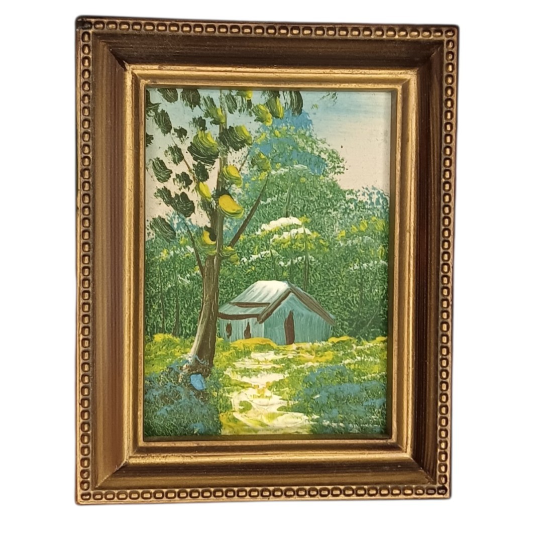 VTG Miniature Painting Barn Path & Trees In Gold Plastic Frame Blue Green Yellow