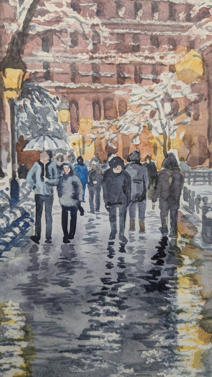 Urban Winter Evening City Watercolor Painting Snowy Road Street Lights A4 Art