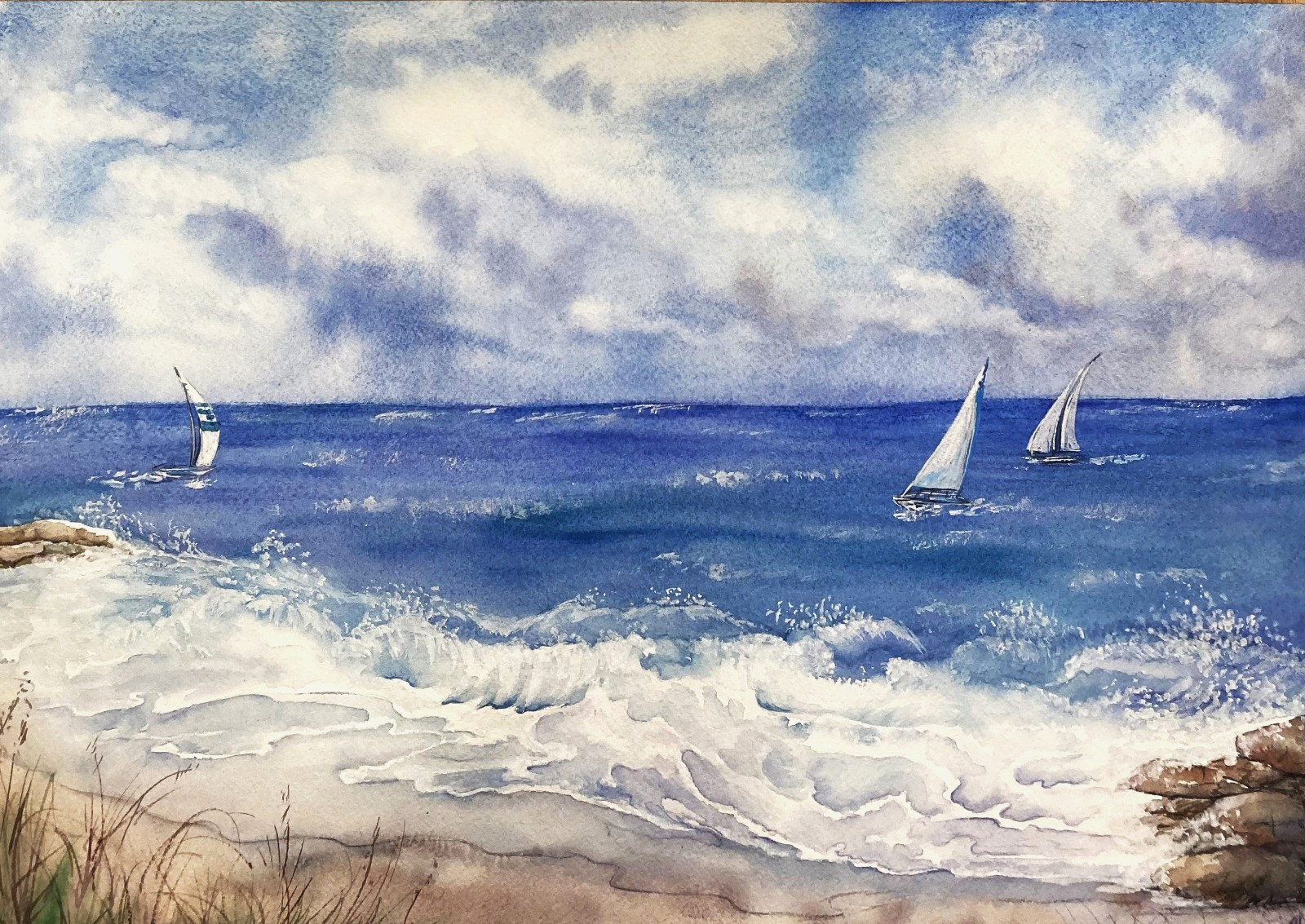 Original Watercolor Painting – Ocean Boats, Seaside Landscape – Signed by Artist
