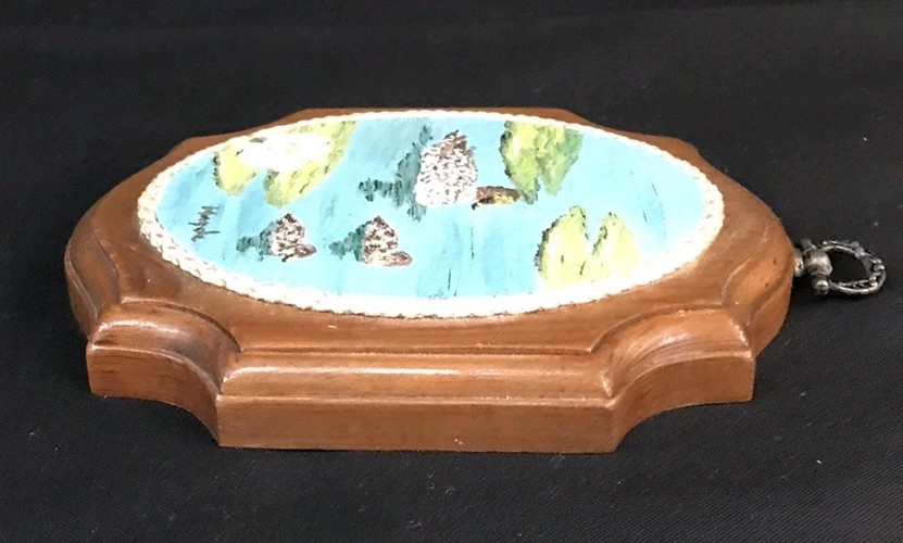 Miniature Wooden Signed Mama And Babies Duck Painting 4 1/2 X 5 1/2″