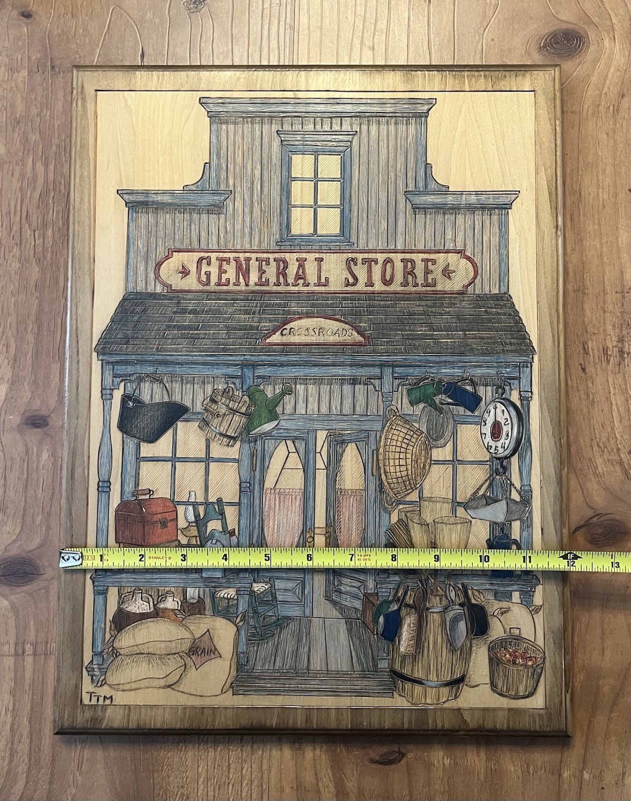 Pyrography Country General Store Wood Burning Handmade Folk Art 16.5″ x 12”