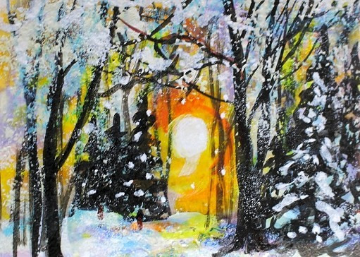 ACEO Original WINTER PAINTING Snow Pine TREES Sunset Landscape Forest ATC ART