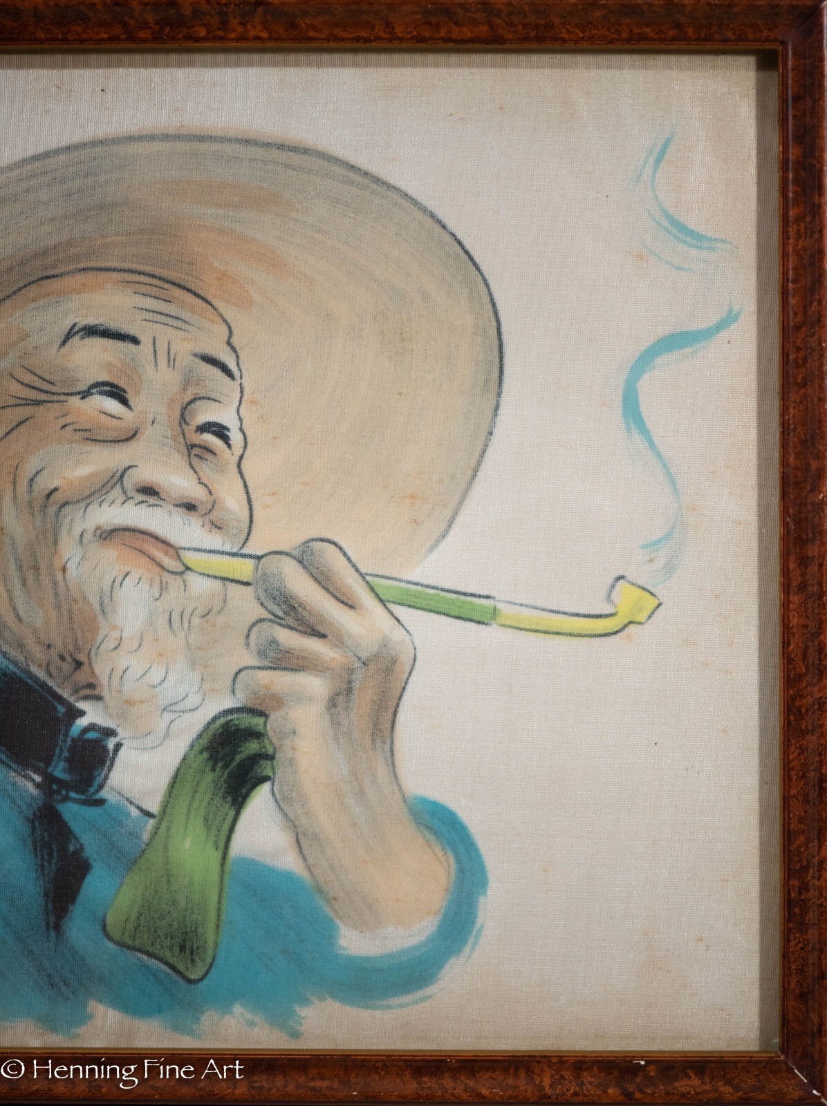 Beautiful Vintage Chinese Silk Painting Man Woman Portraits Smoking, Framed