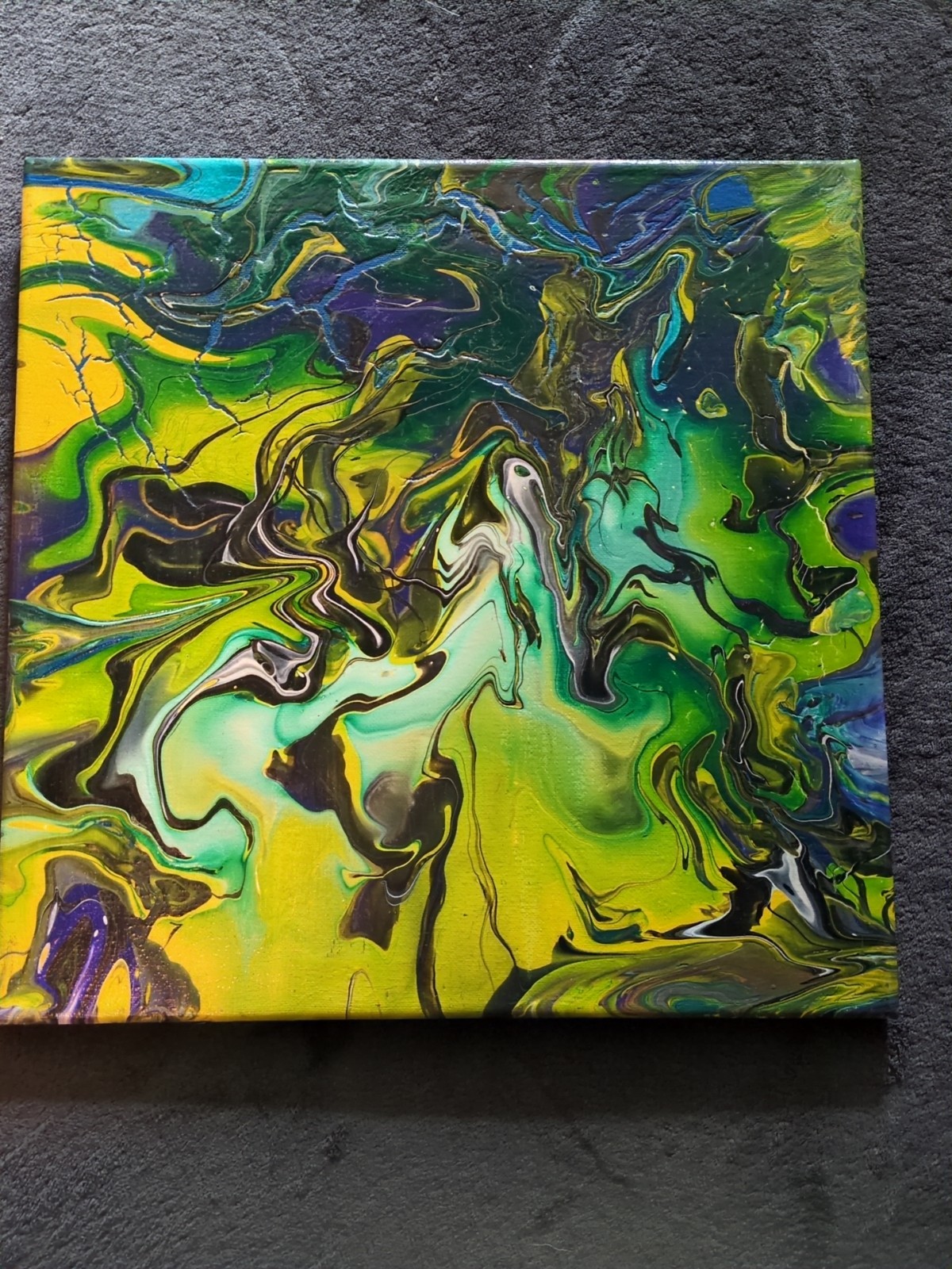 Poured Acrylic Drip Painting Abstract 14″ By 14″ Canvas Green Yellow Blue Colors