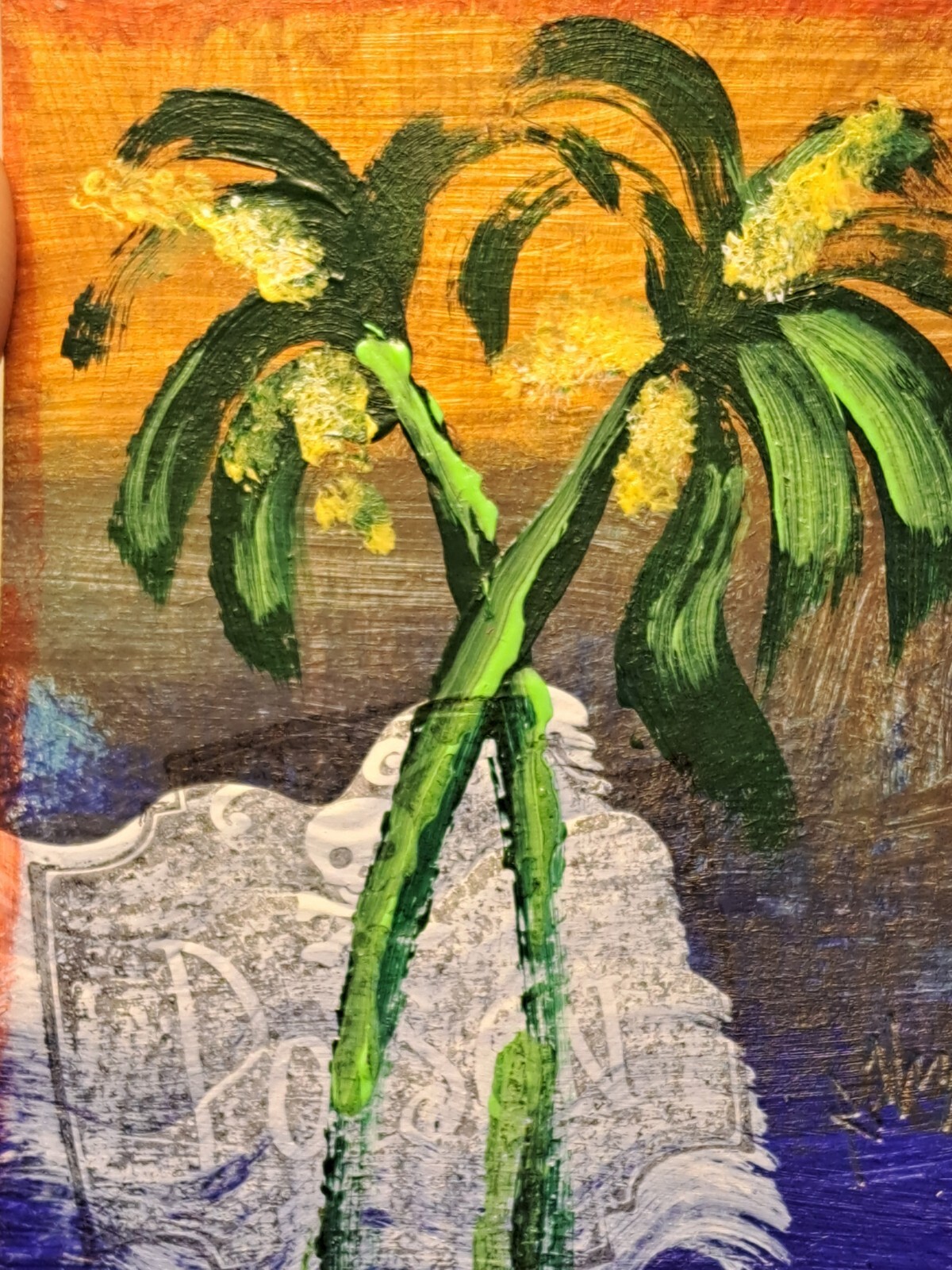 Tropical orange acrylic ink «Friendly Palms» aceo artcard Limited 1/1 Signed