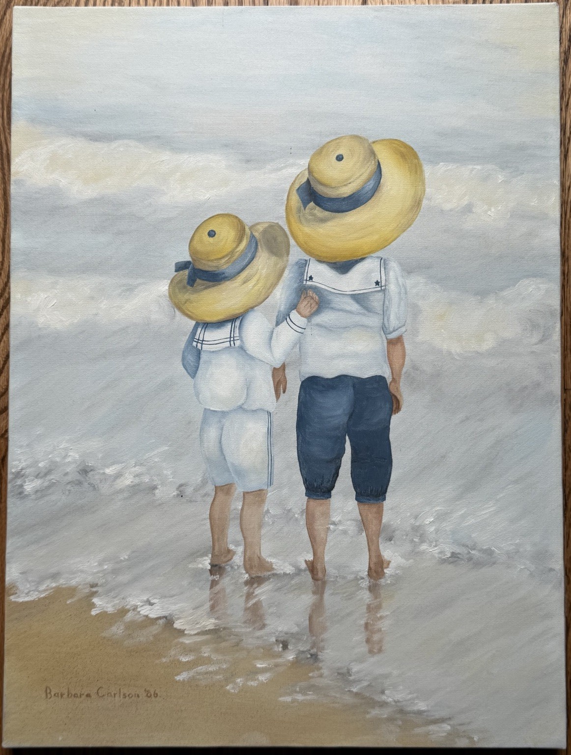 SIGNED Vtg Original Painting on Canvas Children at Seaside Beach 12×16 Coastal