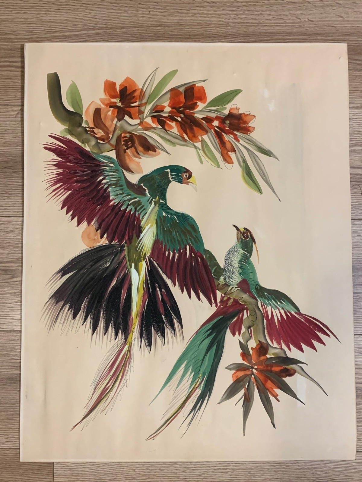 Original Tropical Birds & Floral Watercolor Painting 22×28