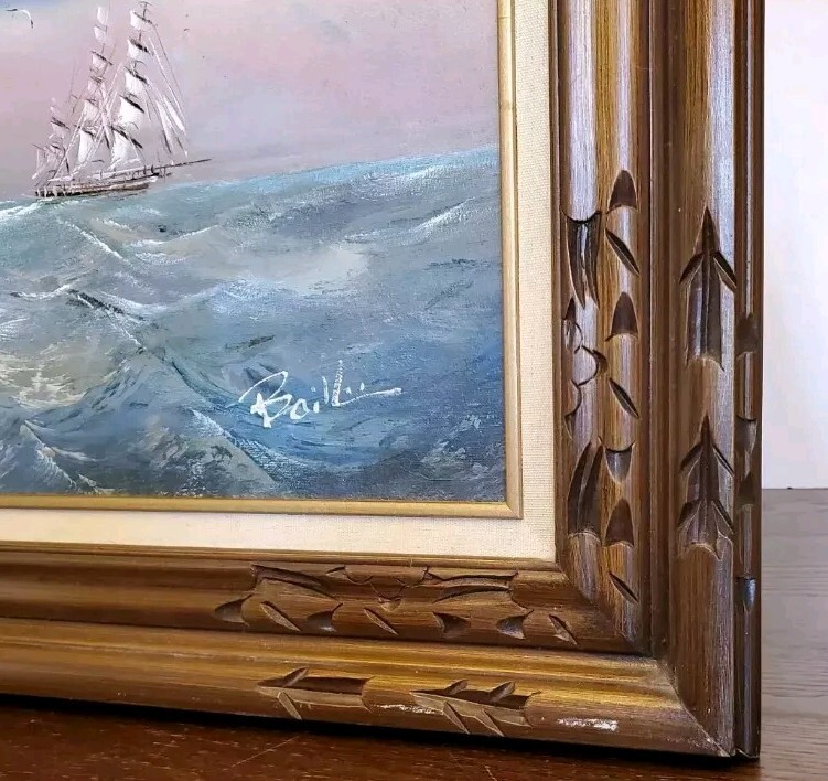 Vintage Signed Baille Seascape Oil Painting Tall Ship Nautical Framed
