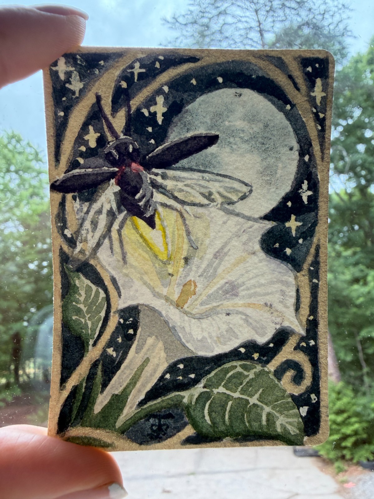 Original Watercolor ACEO Firefly & Moonflower OOAK Signed Miniature Art Nouveau