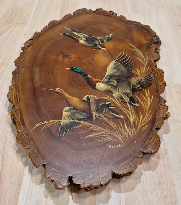 VTG Mallard Ducks Wood Slice Painting C Burns Original Wildlife Art on Live Edge