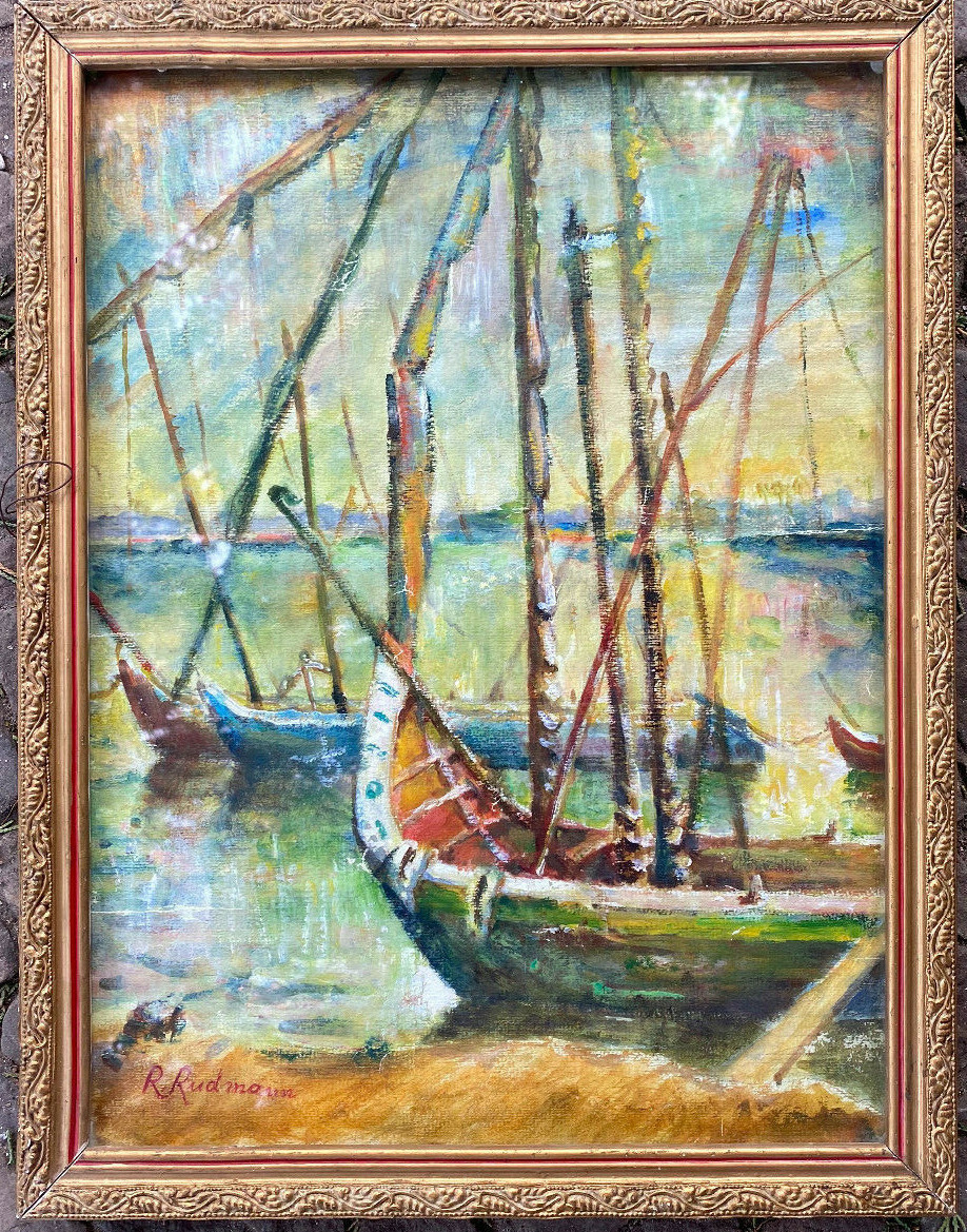::WATERCOLOUR SIGN.R.RUDMANN BOATS OFFSHORE SAILBOAT FISHING BOAT MEDITERRANEANS