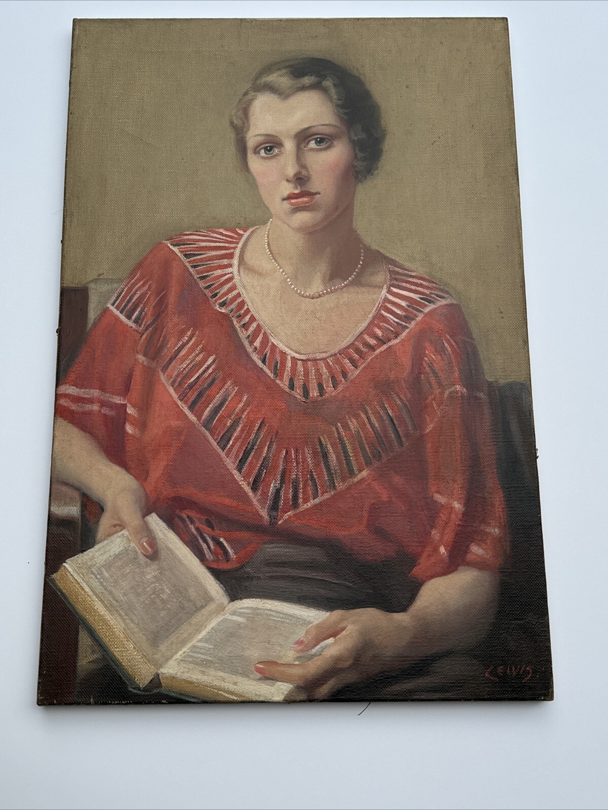 ANTIQUE PORTRAIT PAINTING PRETTY WOMAN FEMALE MODEL OIL ART DECO SIGNED LEWIS