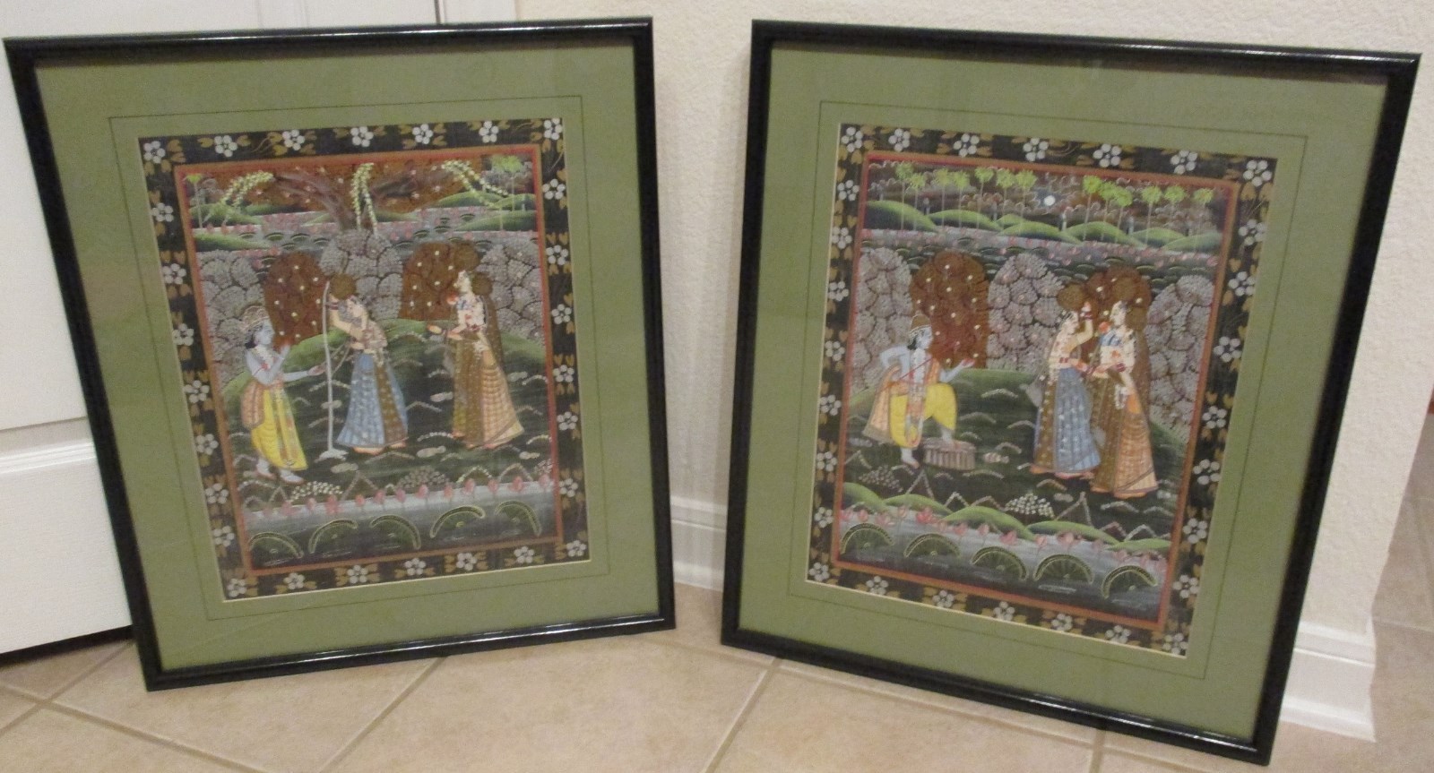 * Pair Vintage Indian Folk Art Lord Radha Krishna & Women Framed Paintings India