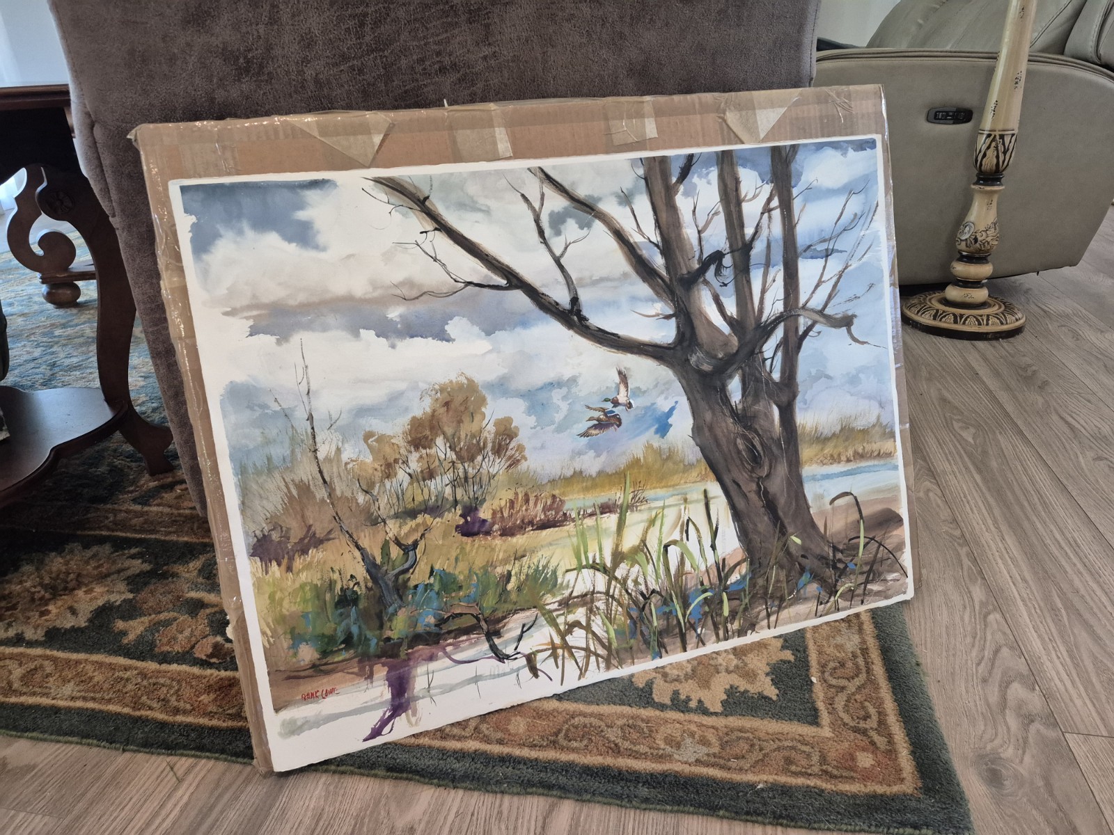 Beautiful Watercolor of Ducks Over the Marsh by Frank Lowe – Vintage Ducks Decoy