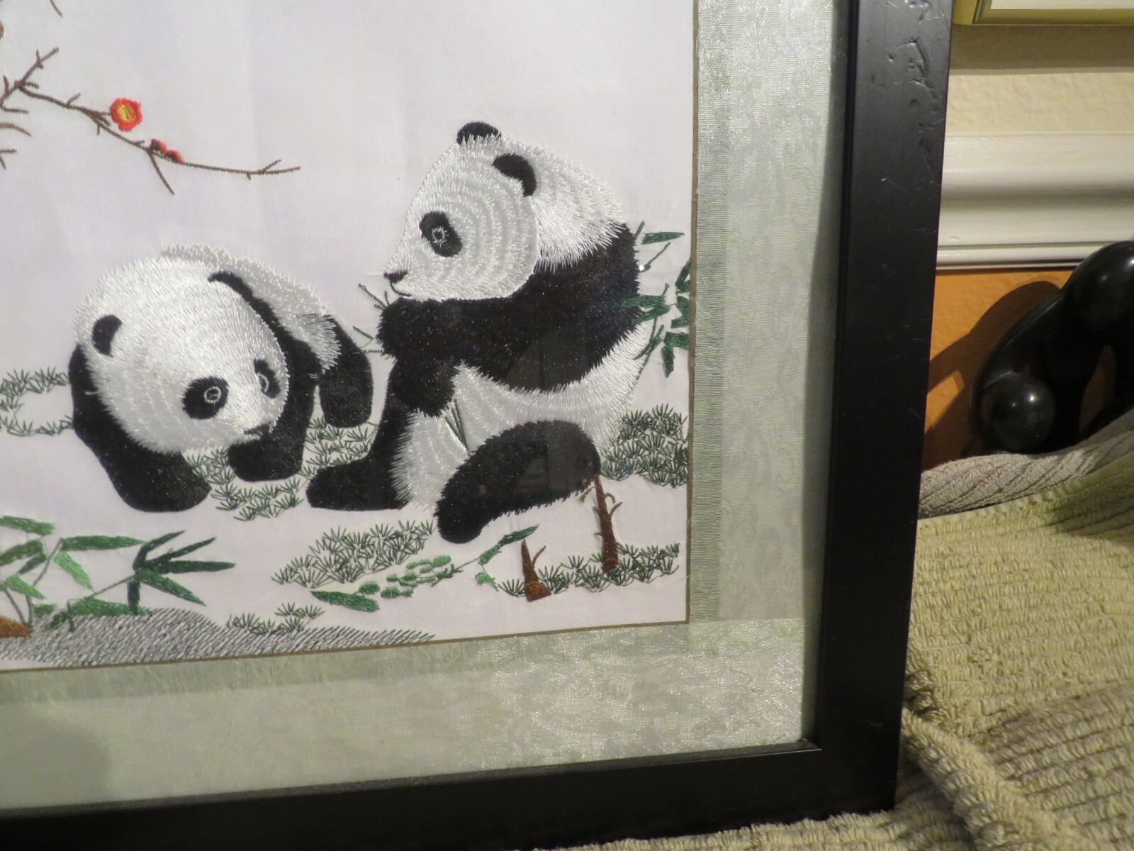 HIGH END HANDMADE OOAK Chinese silk with embroidery of Panda Bears in the snow